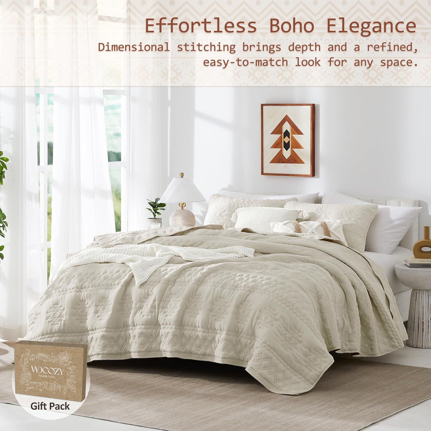 Detalle 2 de WDCOZY Beige Boho Quilt King Size Bedding Set (3 Pieces) with 2 Pillow Shams
