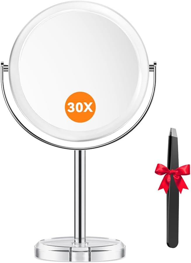 Detalle de Auxmir 30X Magnifying Mirror with Tweezers (Double-Sided 30X/1X) – 360° Swivel Vanity Mirror with Stand