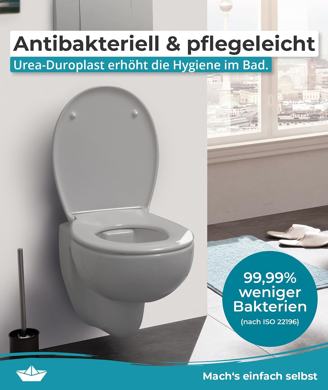 Detalle 2 de Calmwaters Premium WC-Sitz mit einfacher Montage – antibakterielles Duroplast, Absenkautomatik, bis 250 kg, Manhattan-Grau