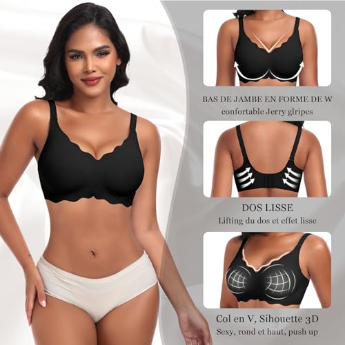 Detalle de Ganado Soutien-Gorge Femme sans Armature Sexy Col en V Brassière avec Coussinets Bralette sans Coutures Noir, L