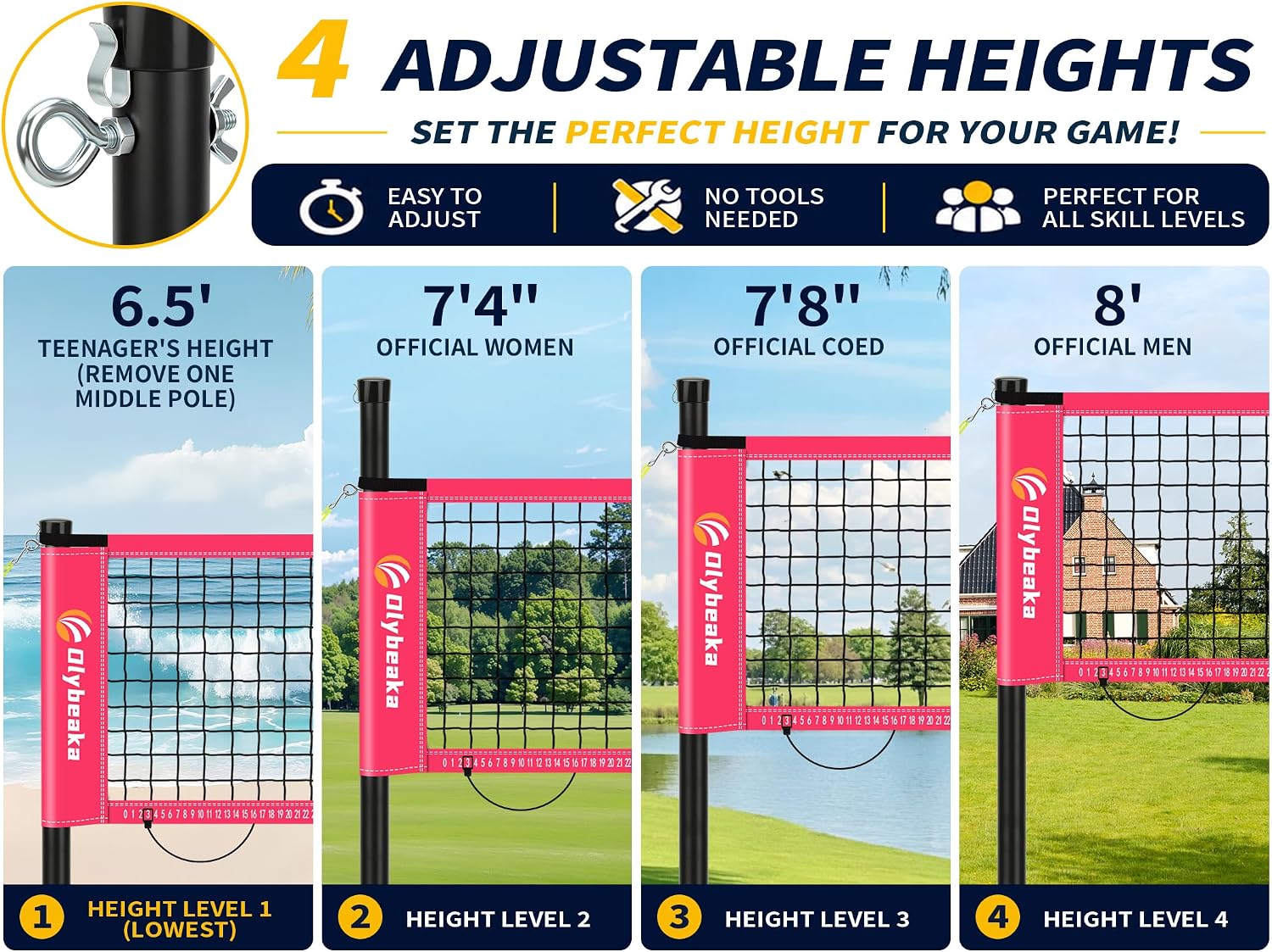 Detalle de Olybeaka 32FT Portable Volleyball Net Set, 4 Heights, Pink