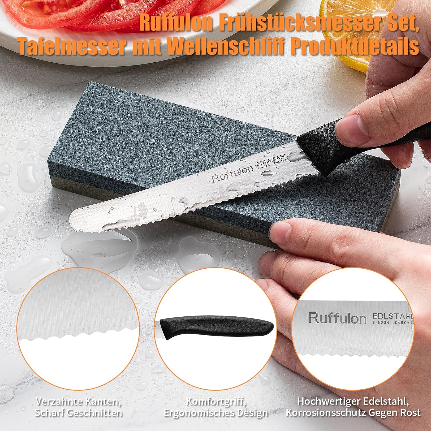Thumbnail 1 de Ruffulon Frühstücksmesser-Set (2 Stück) mit Wellenschliff – Edelstahl-Tafelmesser für Brot & Tomaten