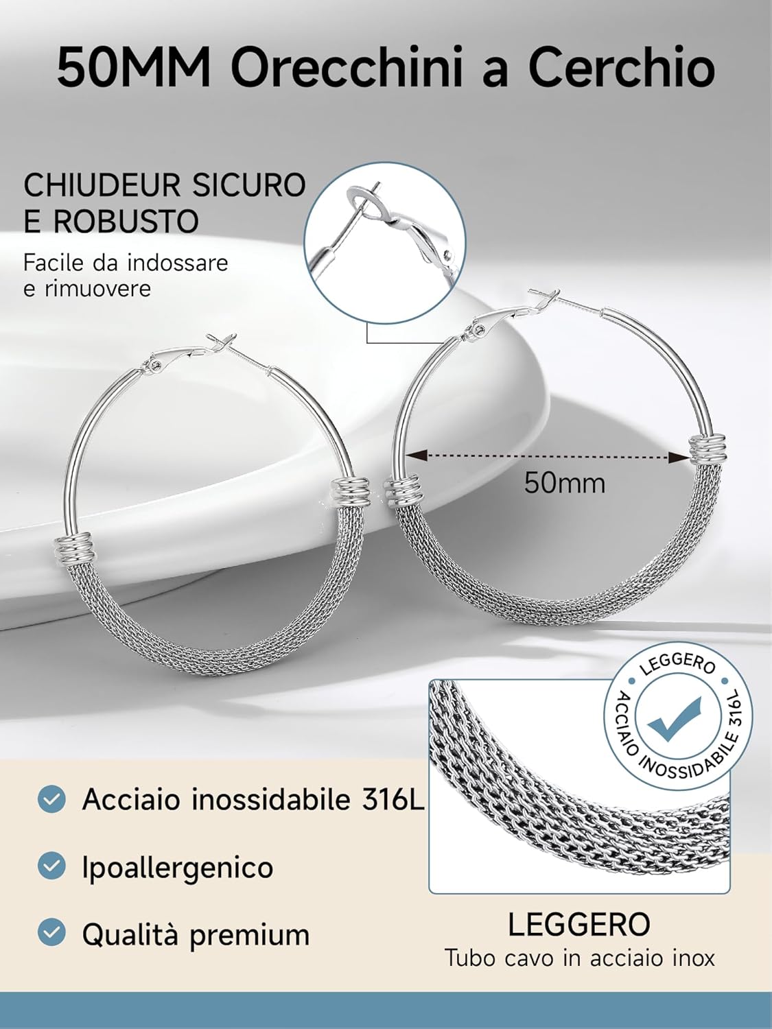 Thumbnail 5 de PROSTEEL Orecchini Cerchio a Maglia Metallica – Ø 20–80 mm, Acciaio Inossidabile ipoallergenico, Chiusa Minimalista, Argento/Nero/Oro