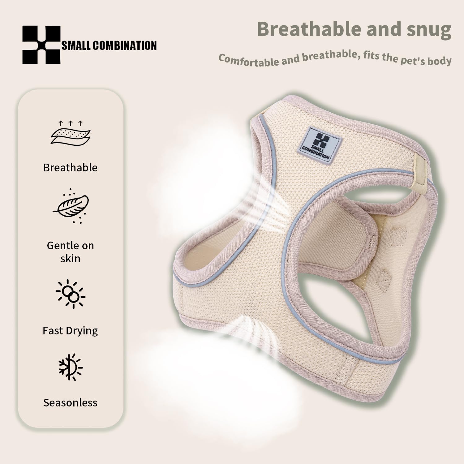 Detalle de Small Combination Dog Harness and Leash Set – Beige, Size L, for Small to Medium Dogs and Cats