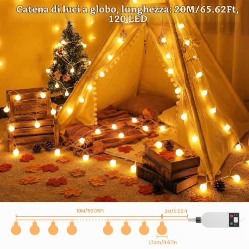 Detalle 2 de Giliwosy Catena Luminosa Esterno Interno 120LEDs 20M – lucine LED a batteria ricaricabile 3600mAh, 8 modalità, timer e IP65