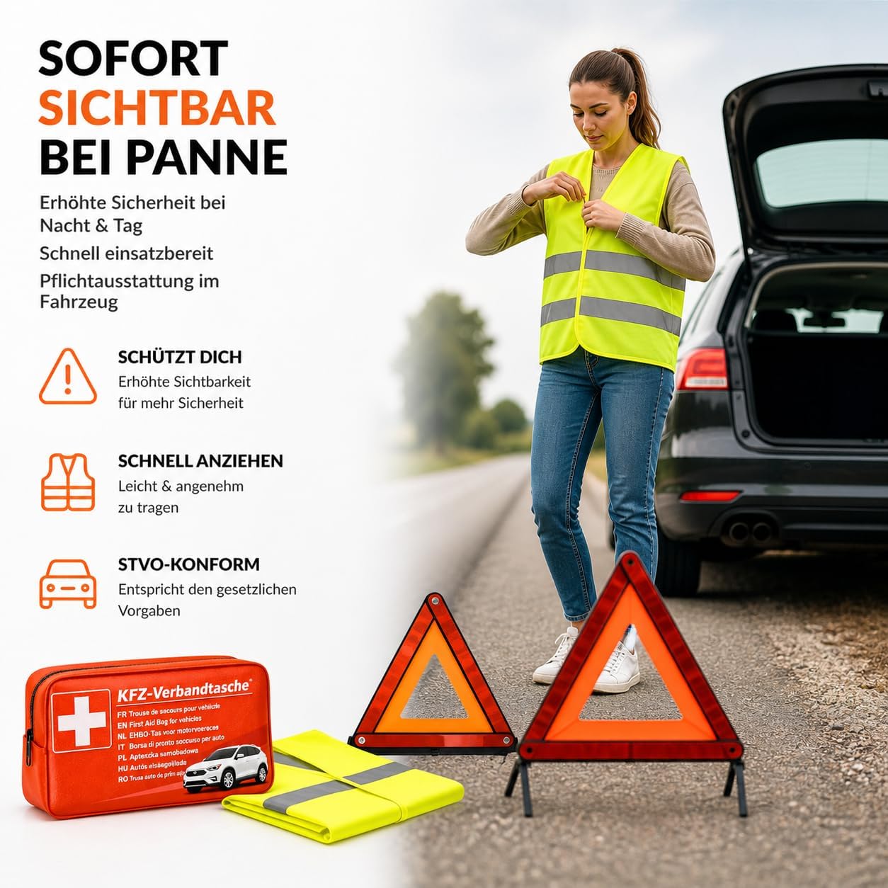 Thumbnail 1 de Kit di Emergenza Auto: kit completo con pronto soccorso, gilet alta visibilità e triangolo di segnalazione