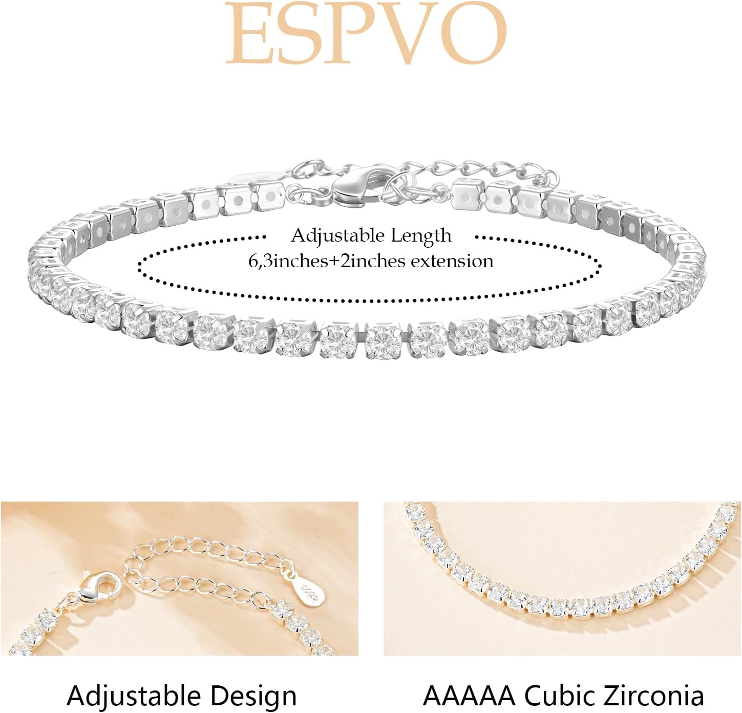Detalle de ESPVO S925 Silver Tennis Bracelet for Women – Crystal Birthstone Jewellery
