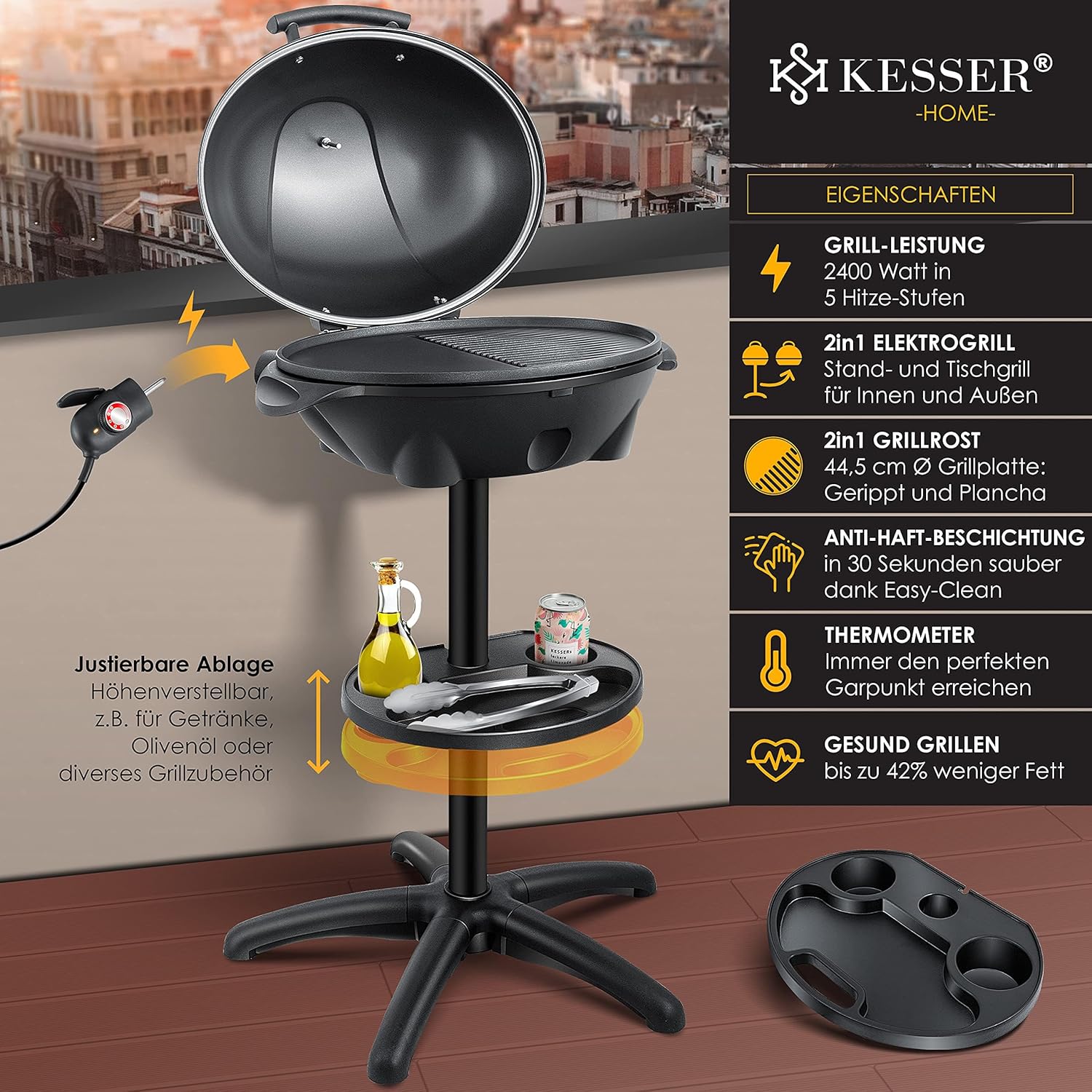 Thumbnail 1 de KESSER® 2in1 Elektrogrill Tischgrill & Standgrill mit Deckel, Thermometer und XXL-Grillplatte (max. 2.400 Watt)