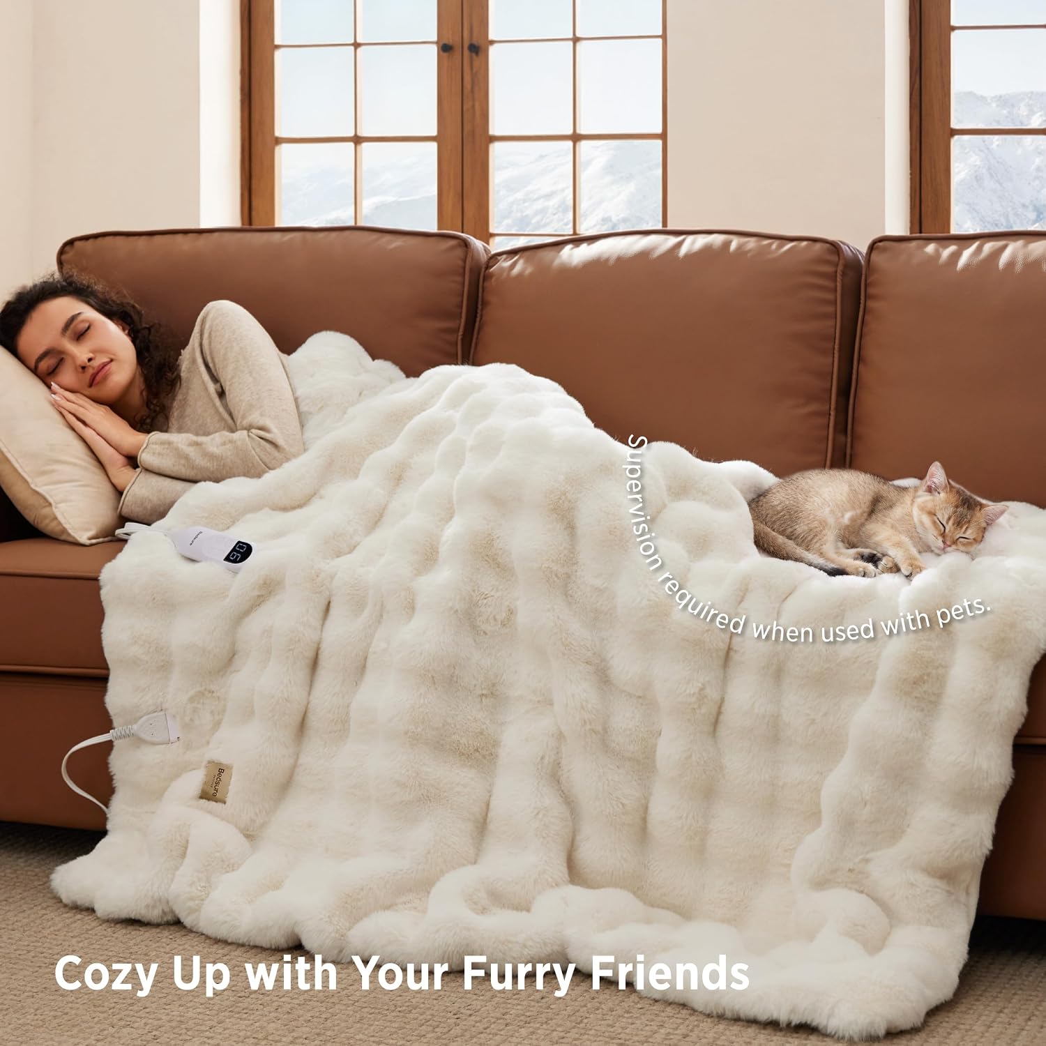 Detalle 1 de Bedsure BS-TH01-S Heated Throw, Coconut White Faux Fur, 6 Heat Levels