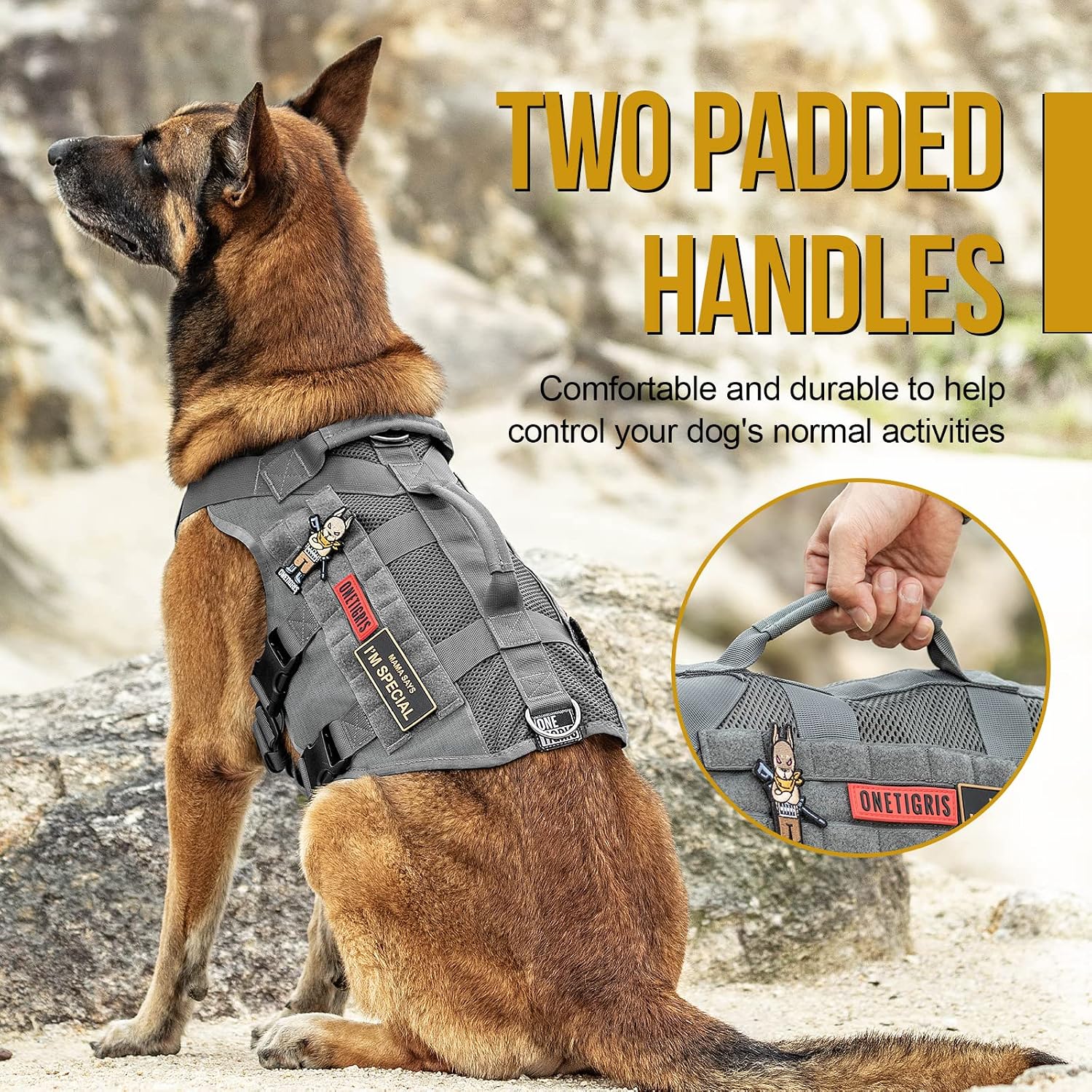 Detalle 2 de OneTigris AIRE Mesh Tactical Dog Harness (Grey) with handle and breathable air-mesh design