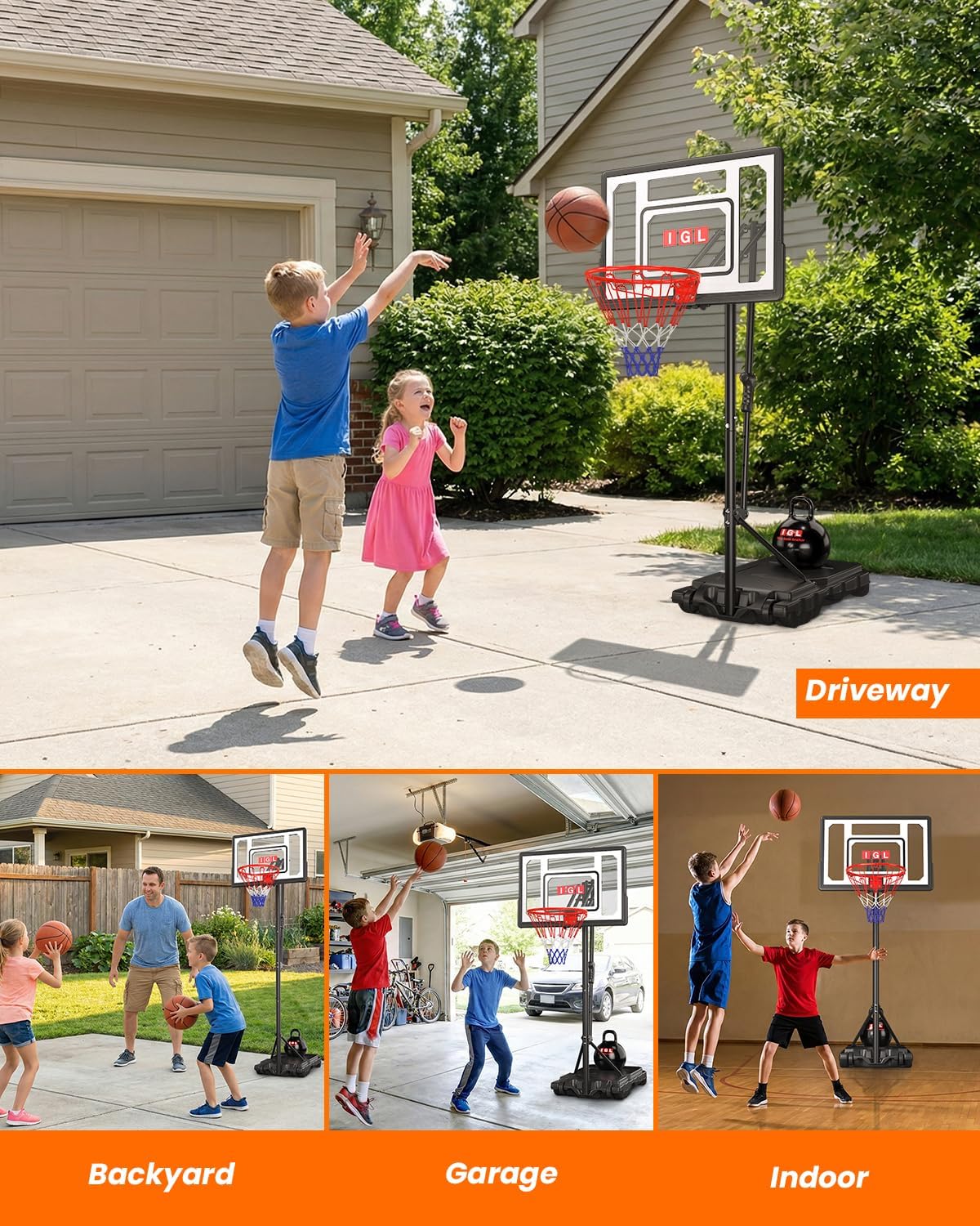 Detalle 2 de IGL Kids Basketball Hoop Outdoor: Adjustable 4–8.5 ft, 33" Backboard, Portable with Wheels