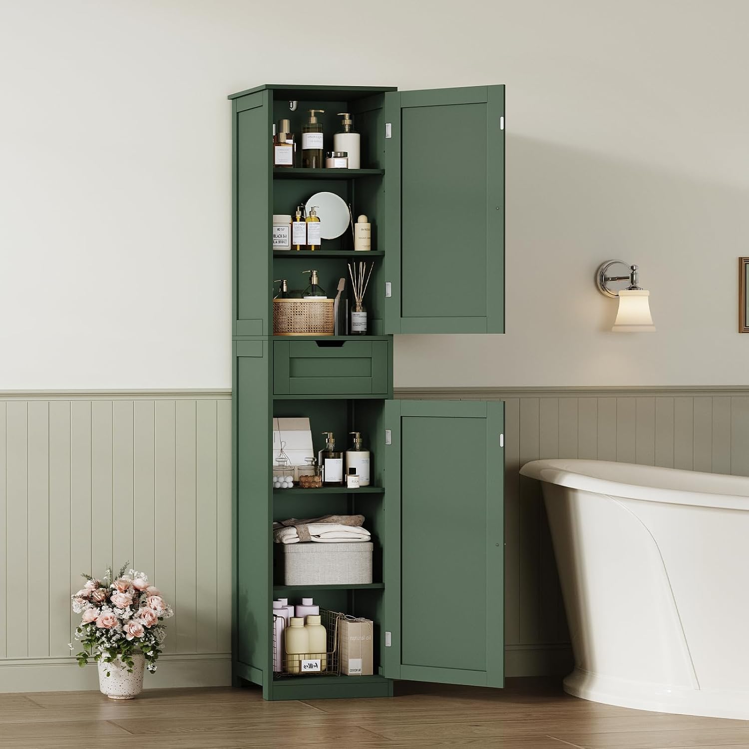 Detalle 2 de FIONESO Tall Bathroom Cabinet, 67-inch Green Floor Cabinet with Drawer and Adjustable Shelves