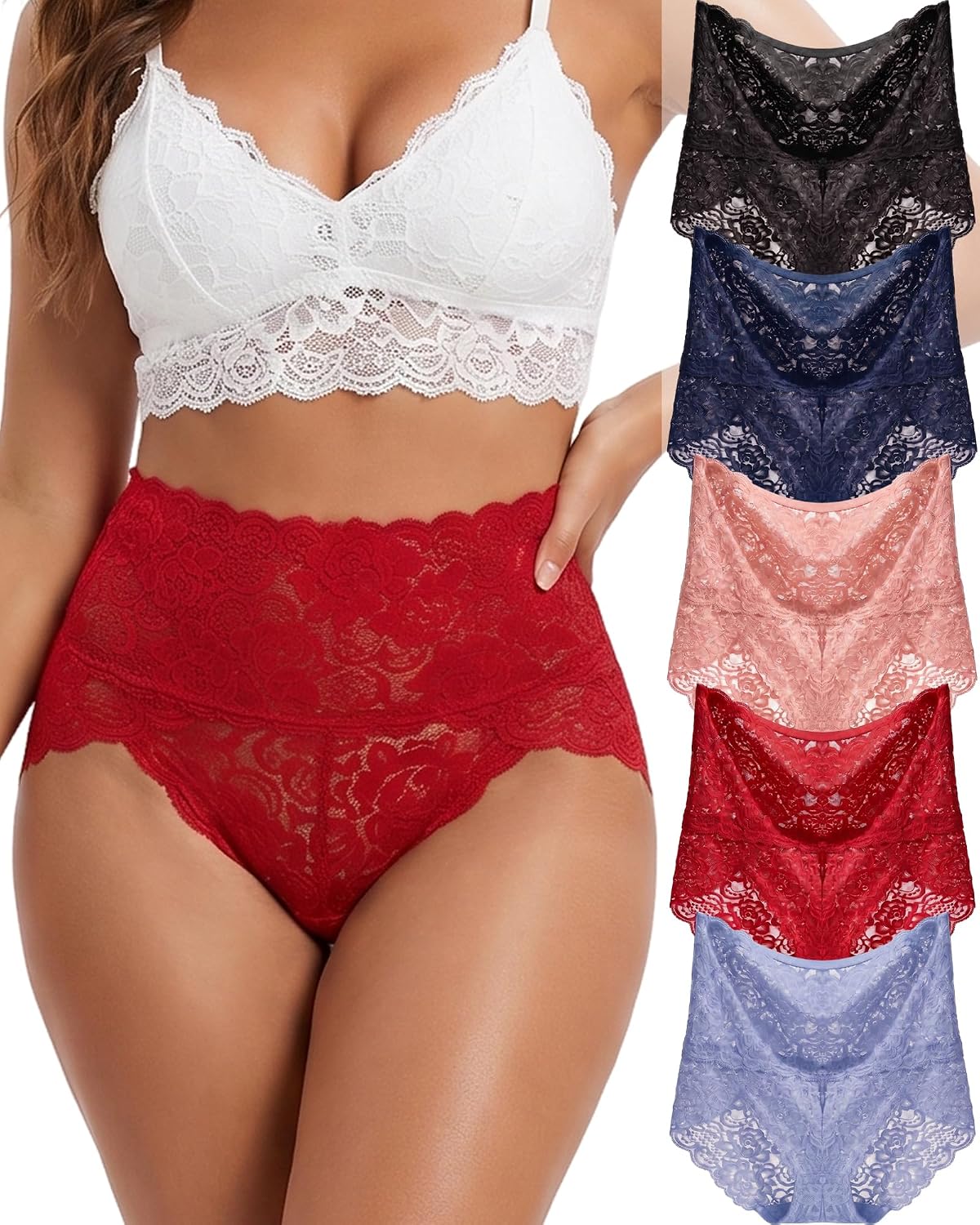 Detalle de FINETOO set van 5 kanten damesondergoed met hoge taille, naadloos, S-XXL