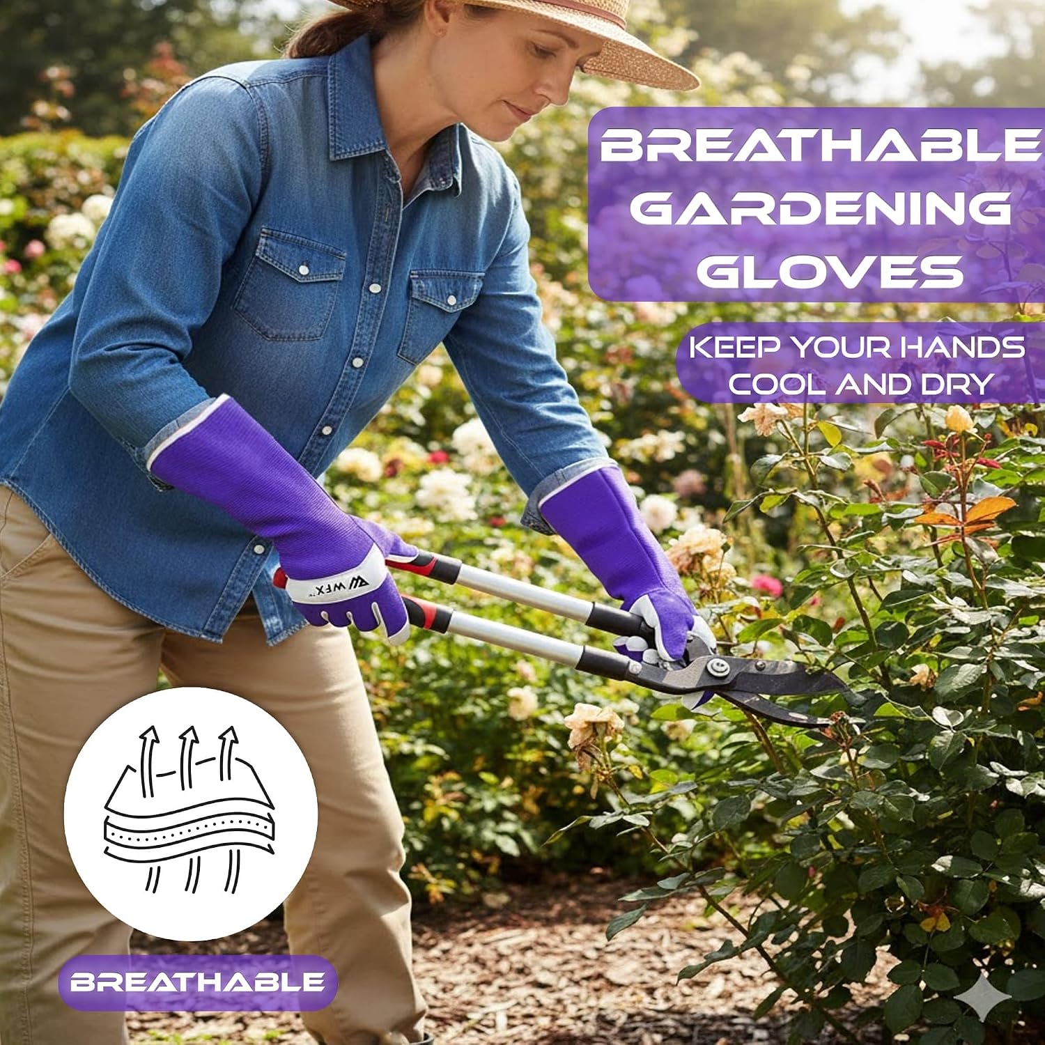 Detalle de WFX Long Leather Gardening Gloves – Thorn-Proof Forearm Protection, Purple (Large)
