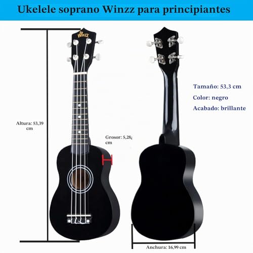 Thumbnail 1 de Winzz Ukelele Soprano Starter Kit para Principiante en Negro – Incluye funda, afinador y más