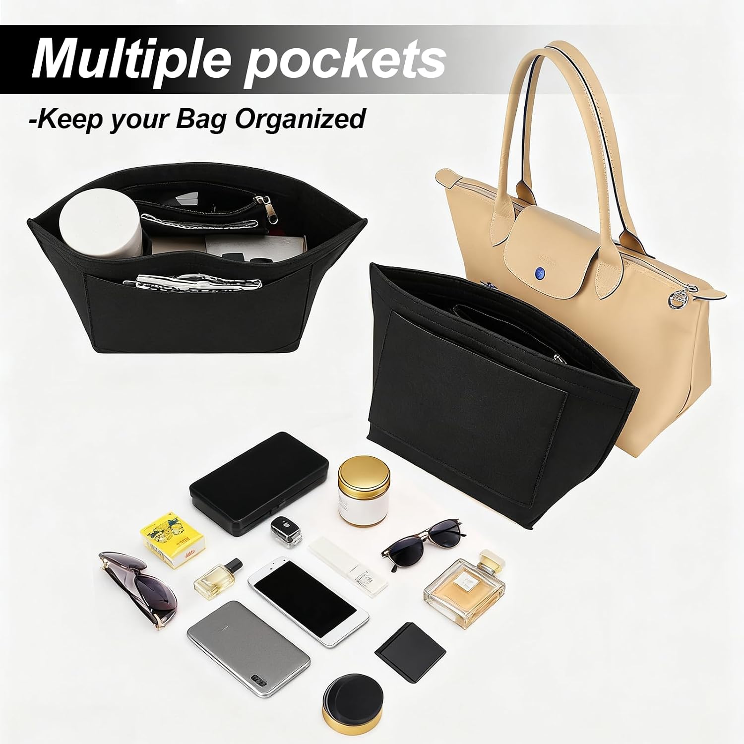 Detalle de GREATRICH Organisateur de Sac en Felt pour Longchamp – 25x15x19 cm, Noir