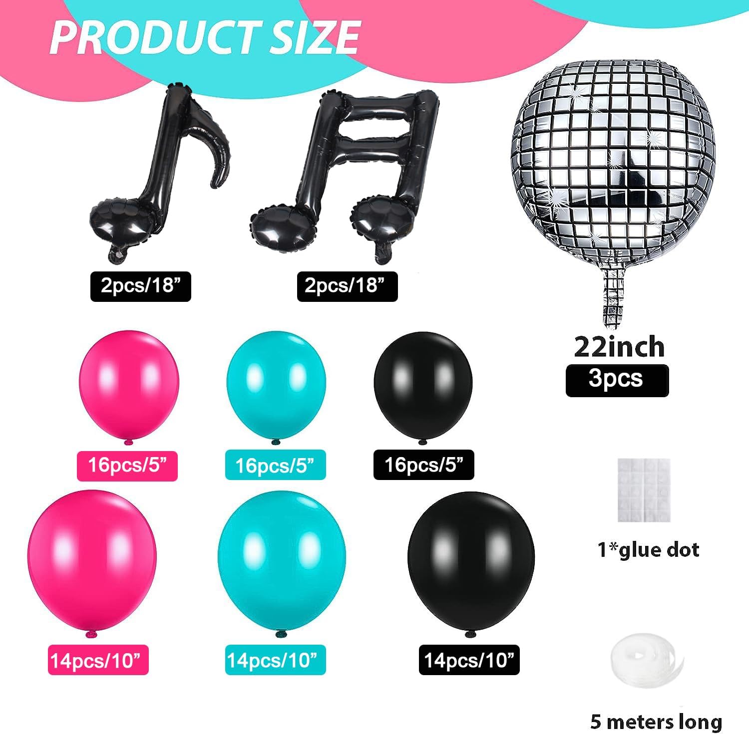 Detalle 2 de Disco Musik Thema Luftballons – Rosarot, Blau, Schwarz – Party Dekoration für Karaoke, 80er/90er Disco Theme