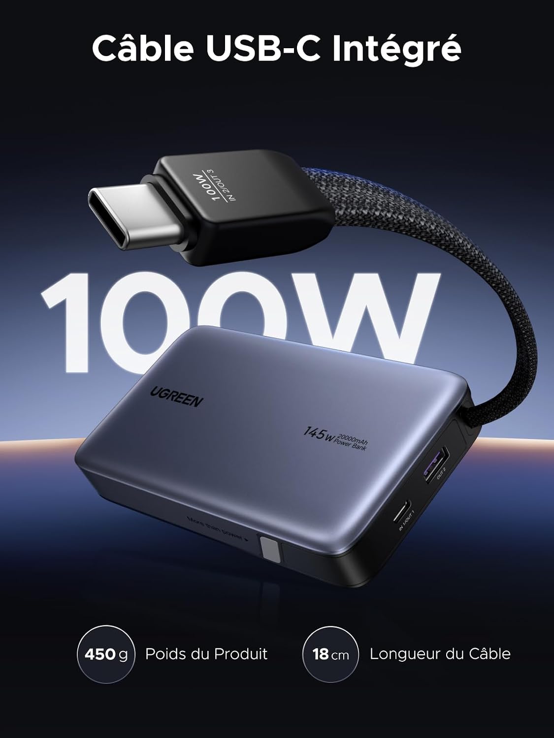 Thumbnail 6 de UGREEN Nexode 145 W powerbank 20.000 mAh met geïntegreerde USB-C-kabel