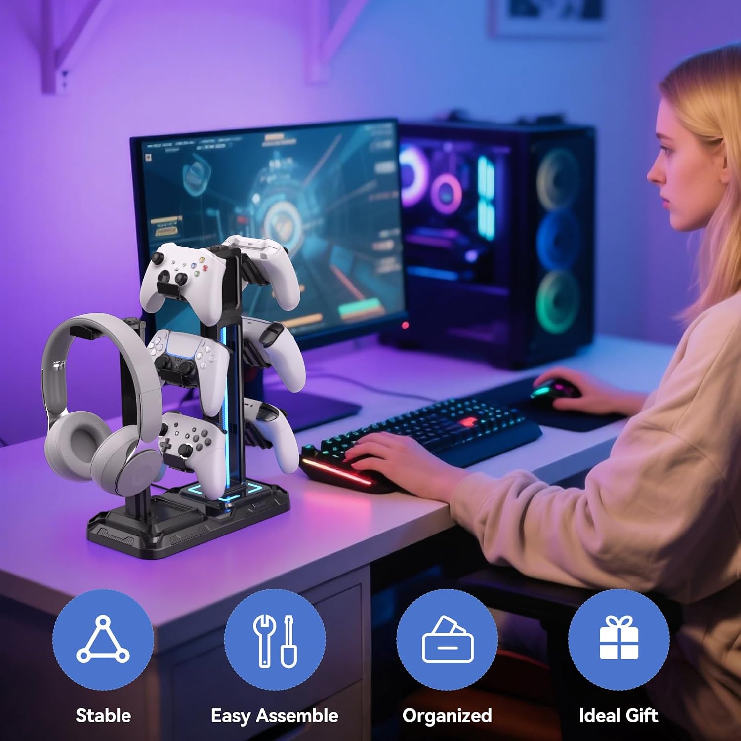 Detalle de KDD Multi Gaming Headset Halterung mit 9 Lichtmodi – Drehbarer Kopfhörer- und Controller-Ständer für Schreibtisch