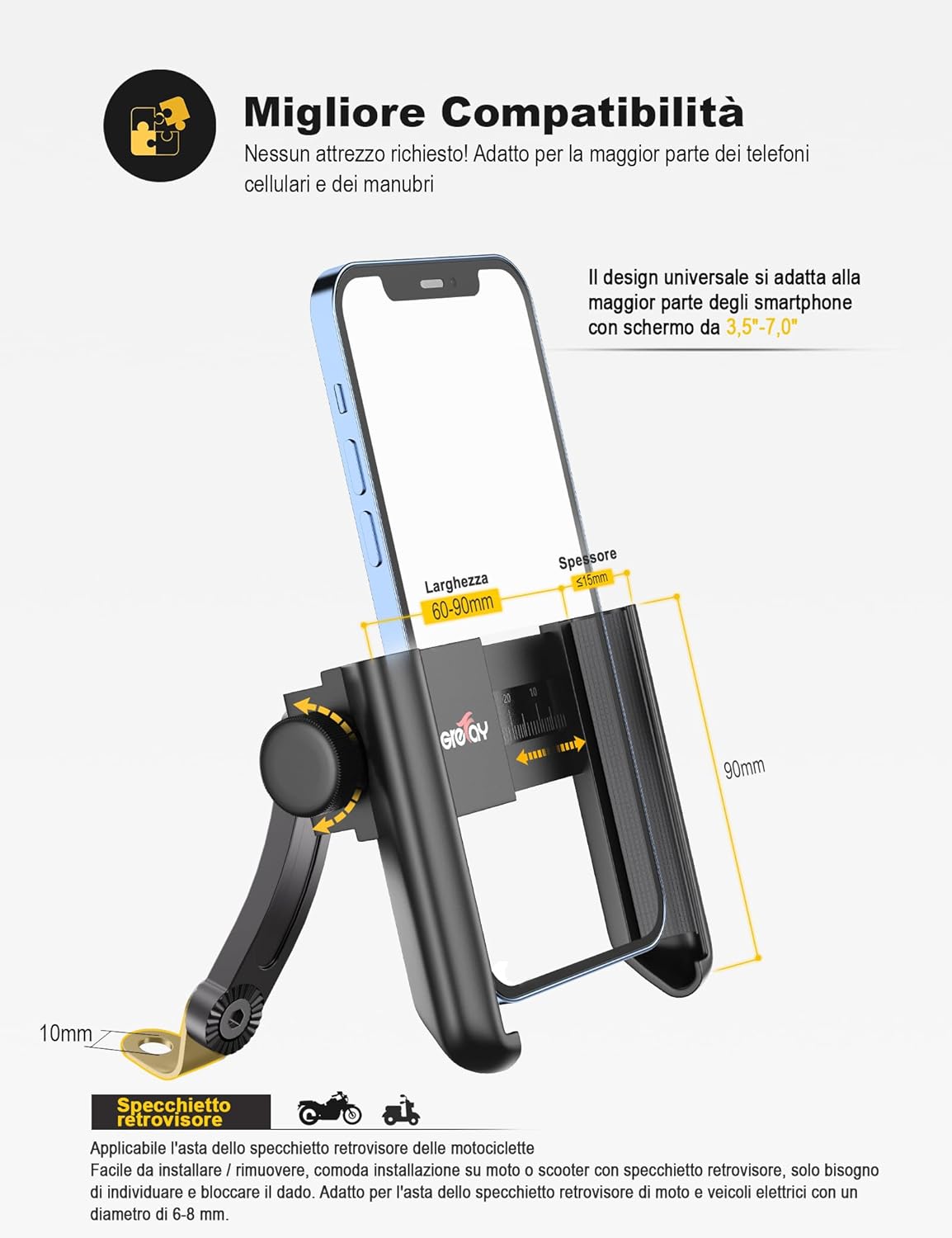 Thumbnail 3 de Grefay Supporto Telefono Moto 360° con Rilascio Rapido – 3,5–7,0 Pollici