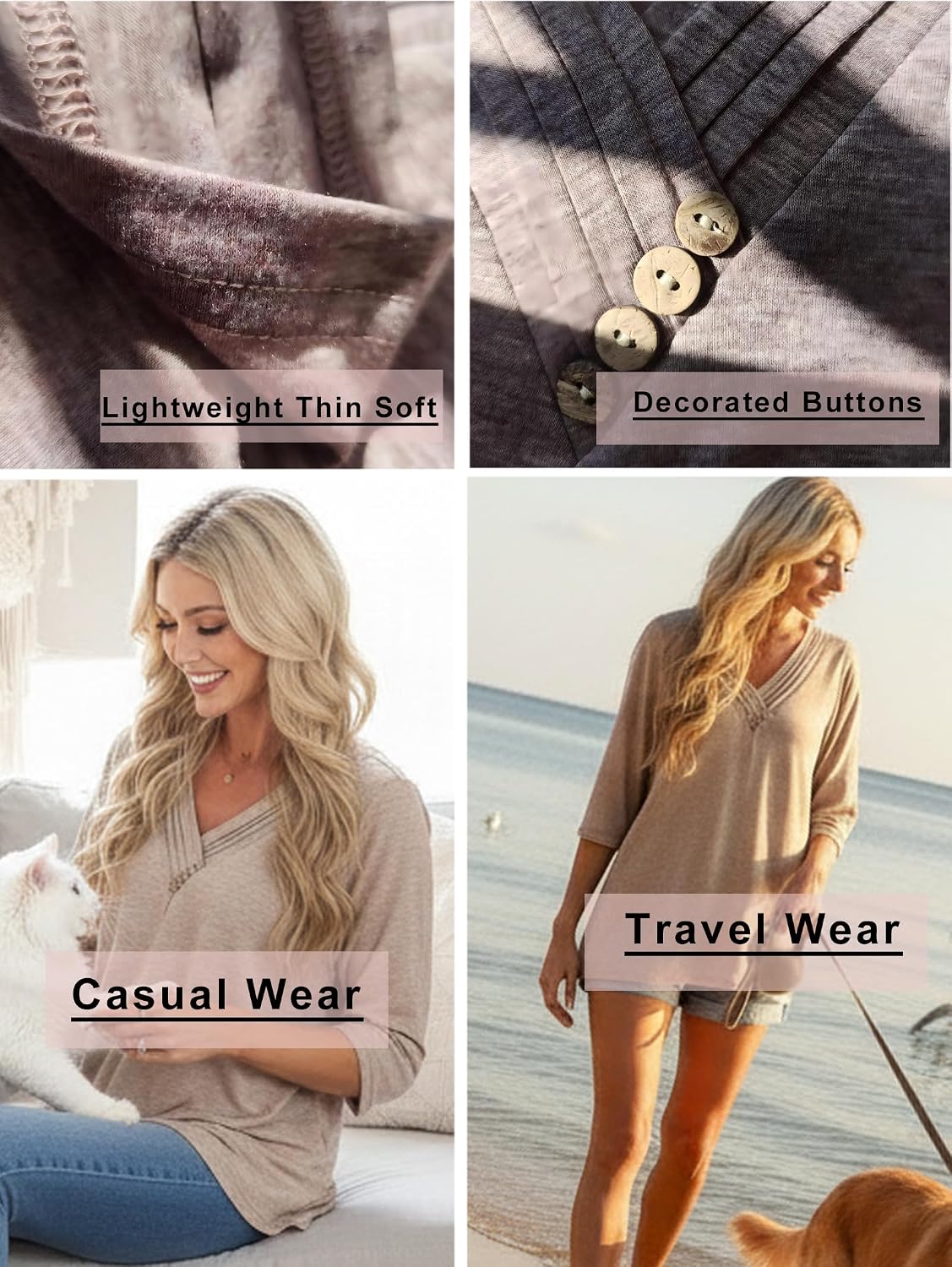 Thumbnail 4 de Famulily Pleated V Neck 3/4 Sleeve Top