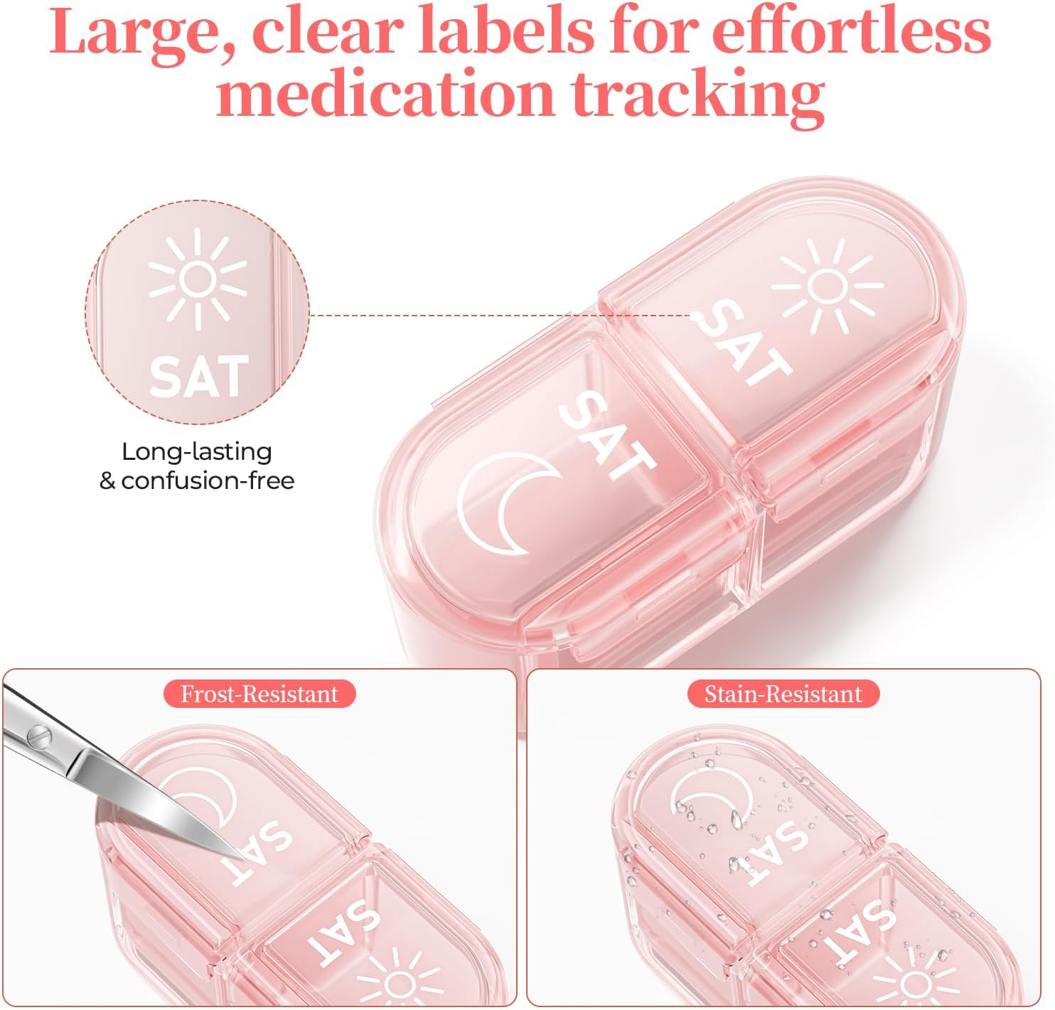 Detalle de Betife 7 Day Pill Box Organiser – 2 Times a Day Weekly AM/PM, 14 Large Slots, BPA-Free Travel Medicine Case (Pink)
