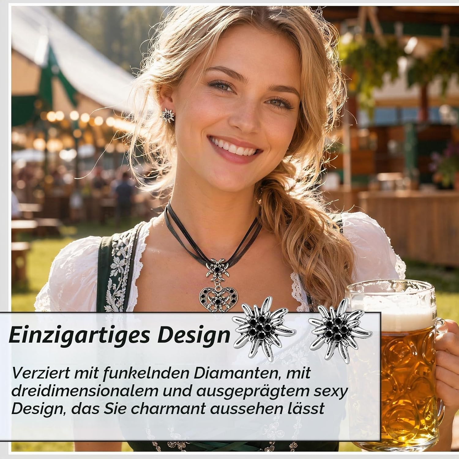 Thumbnail 3 de Homelyxe 3 Stück Trachtenschmuck Set Schwarz – Edelweiß Herz Anhänger für Dirndl, Oktoberfest