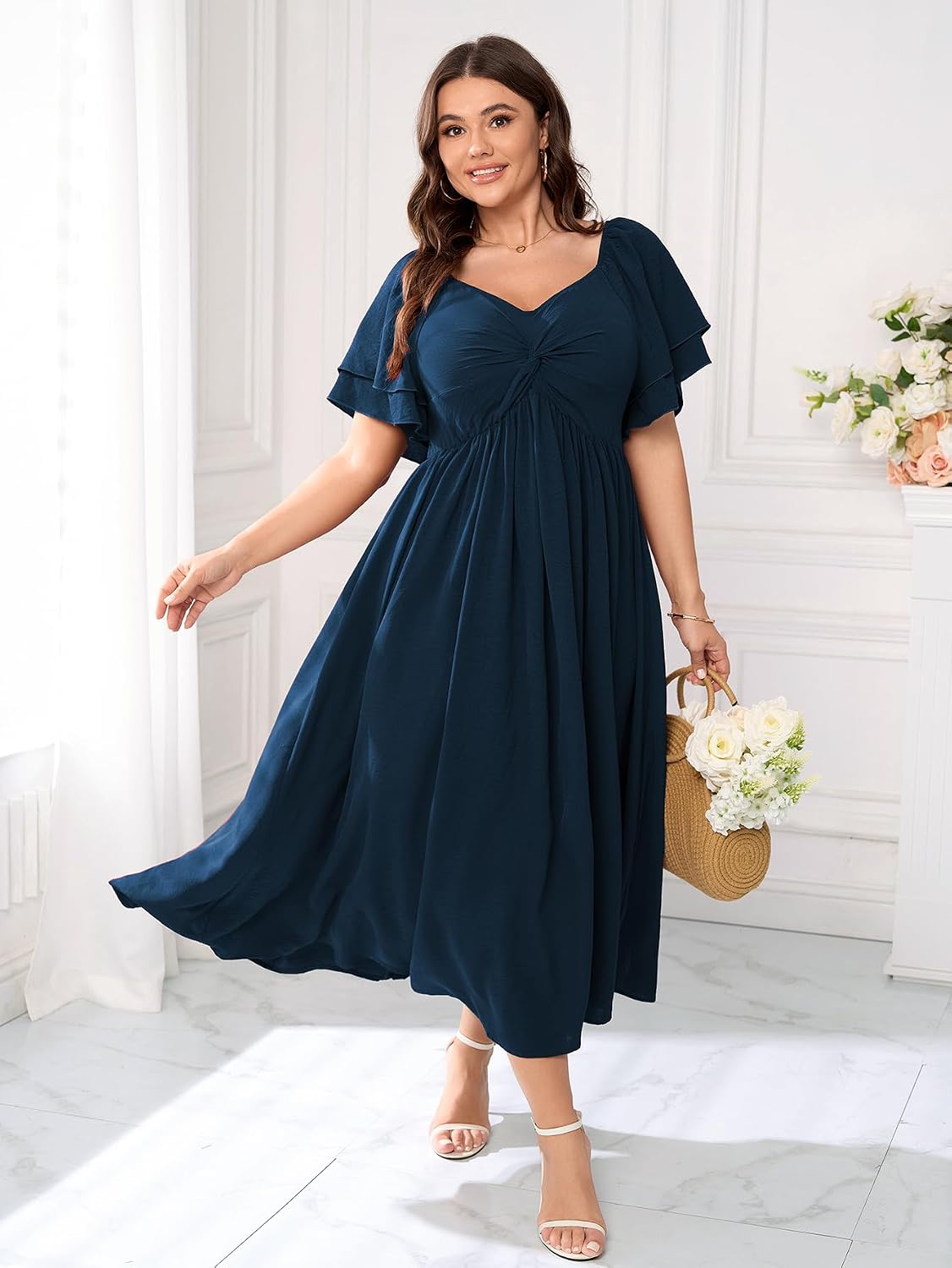Thumbnail 5 de SCOMCHIC Women's Plus Size Wedding Guest Cocktail Dress with Sweetheart Neckline and Ruffle Sleeves