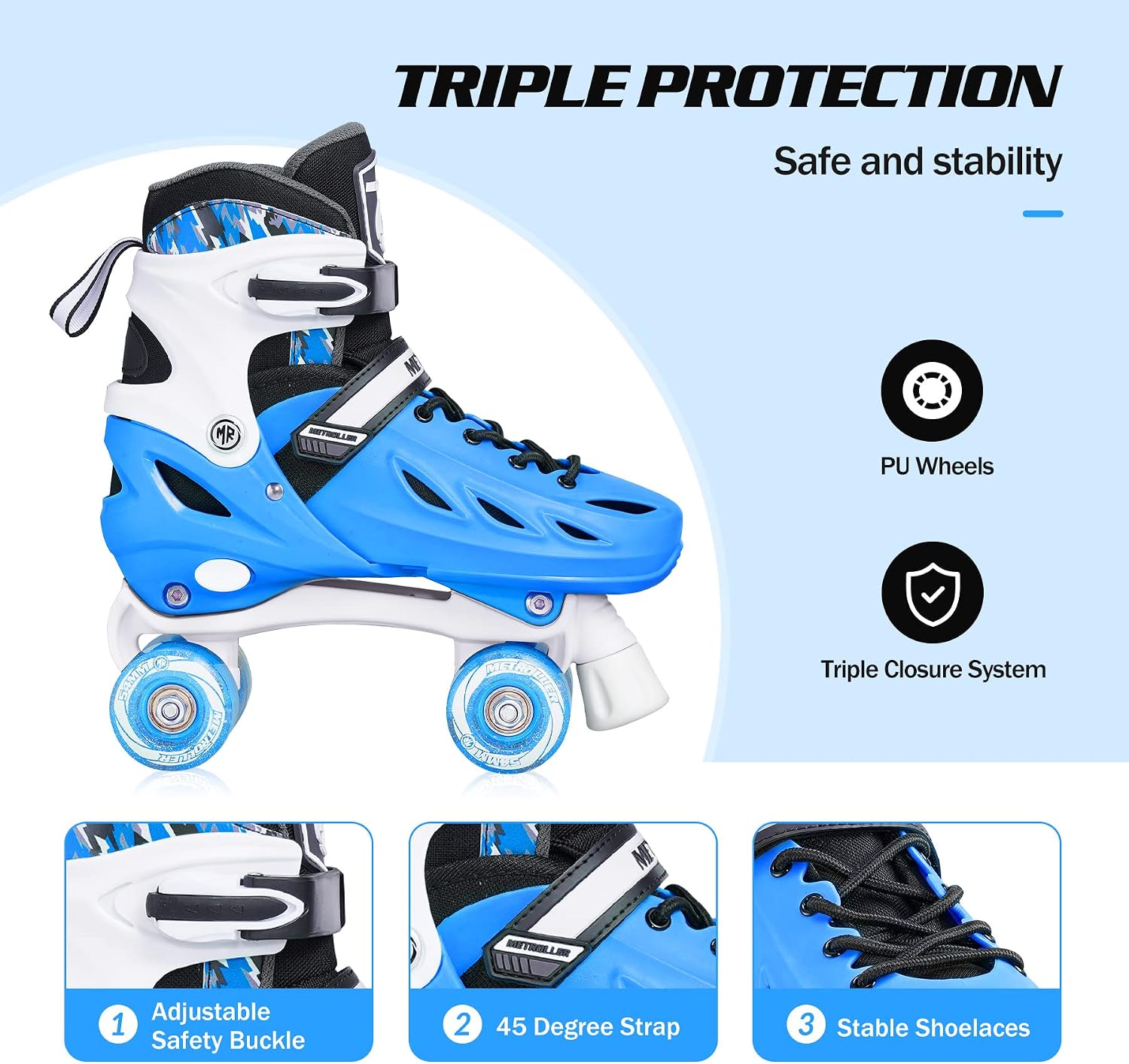 Detalle de METROLLER Adjustable Roller Skates with Light-Up Wheels, Blue Hard Shell