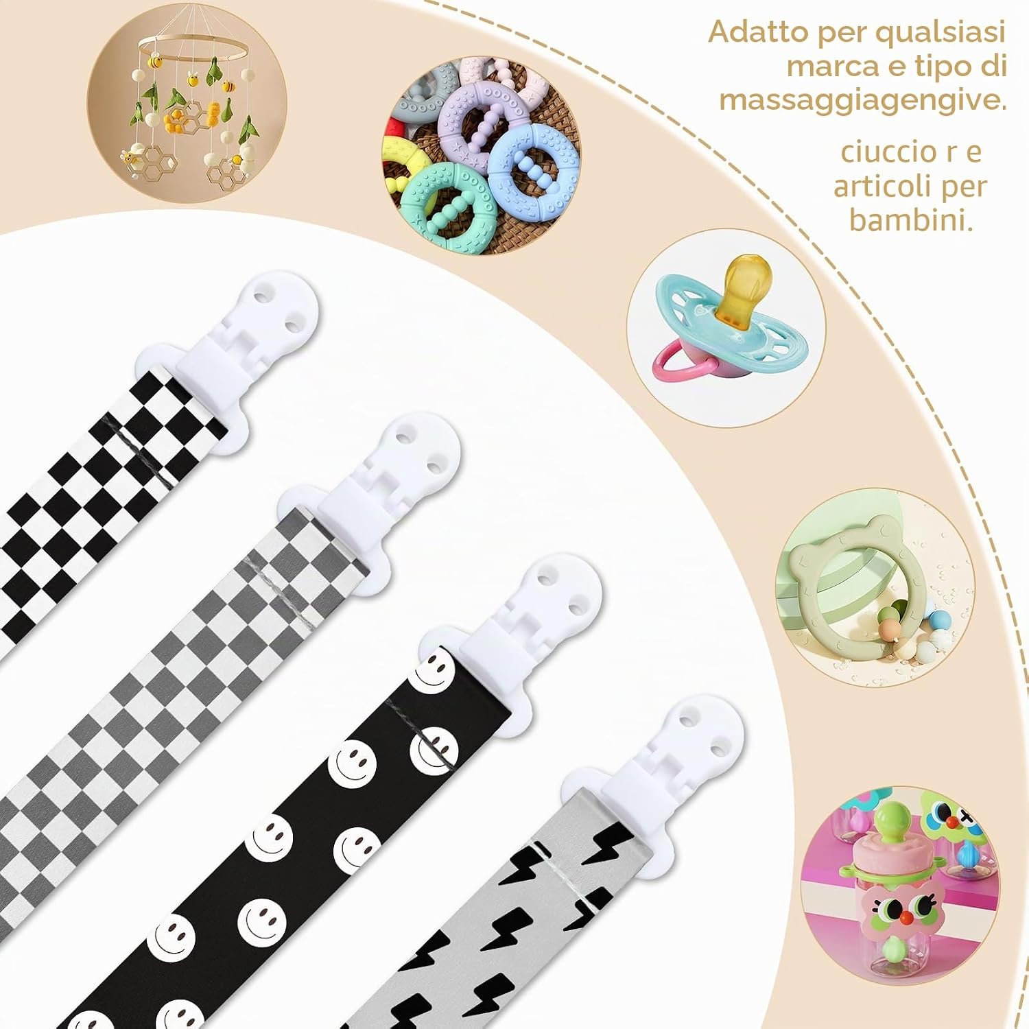 Thumbnail 4 de 4 Pieces Catenelle per Ciuccio – Portaciuccio Neonato con Clip, Adattatore Universale per Ciucci, Giocattoli e Anelli da Dentizione (C)