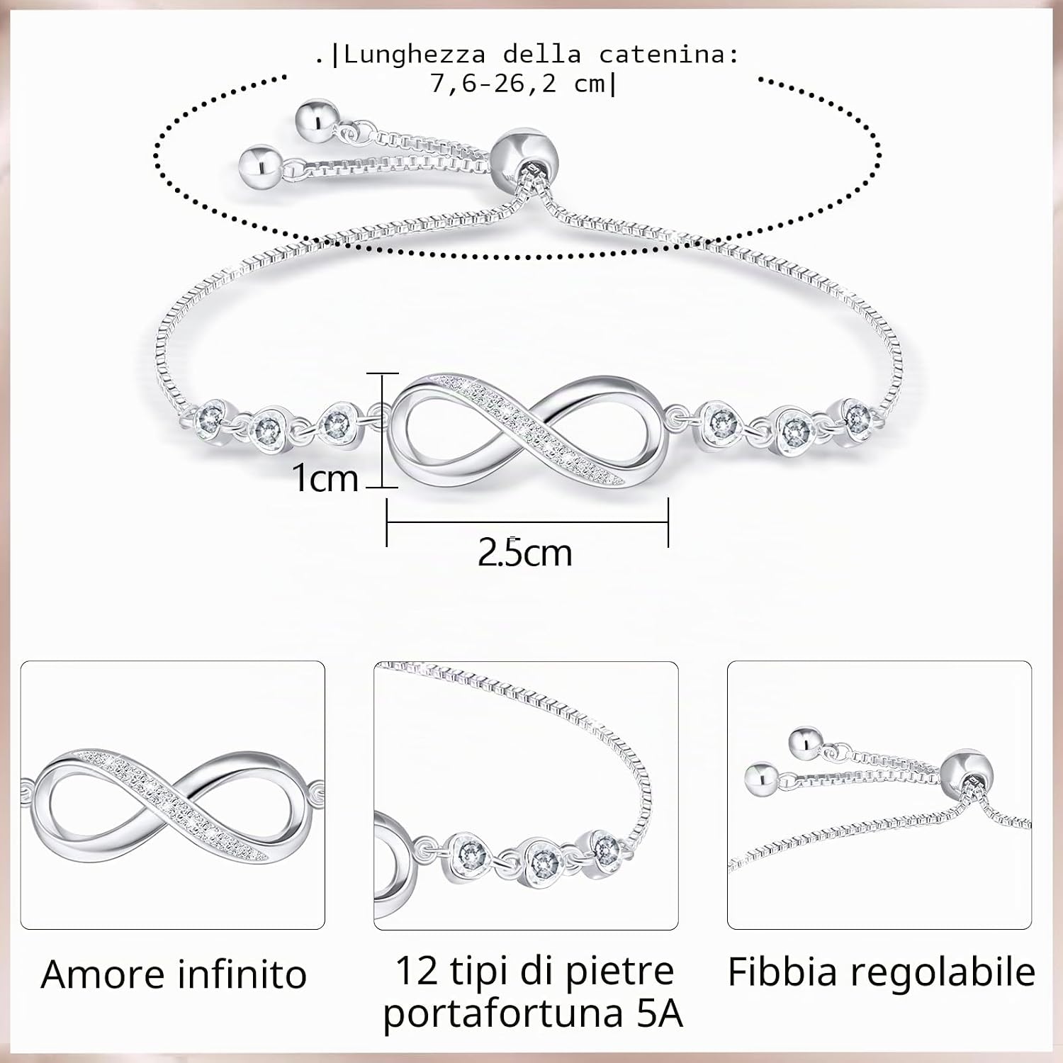 Thumbnail 3 de Esmoly Bracciale Donna Argento Infinito con Zirconi e Cuore – Regolabile