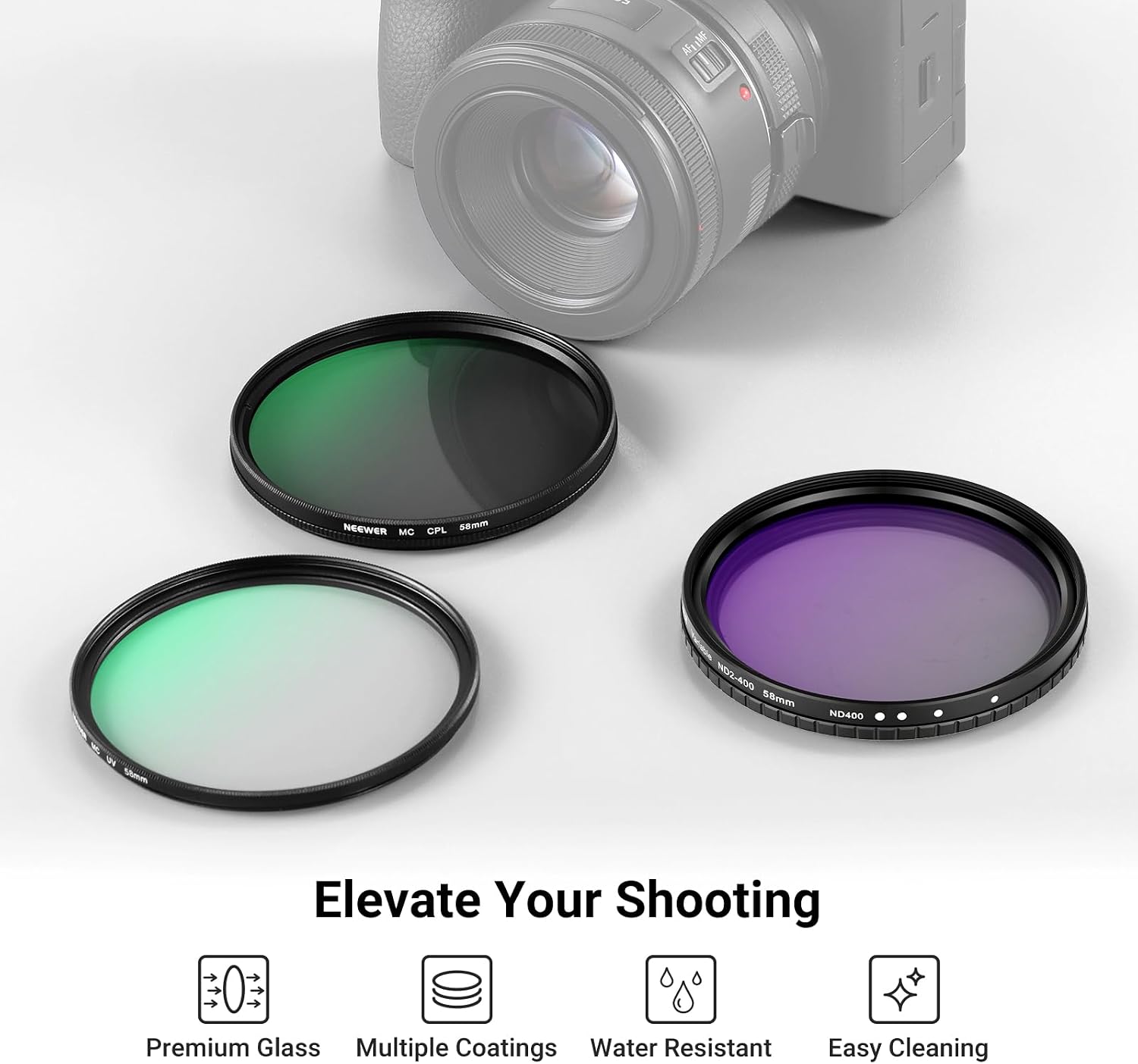 Detalle 2 de NEEWER 58mm Variable ND + CPL + UV Filter Kit (3 Pack) for 58mm Lenses