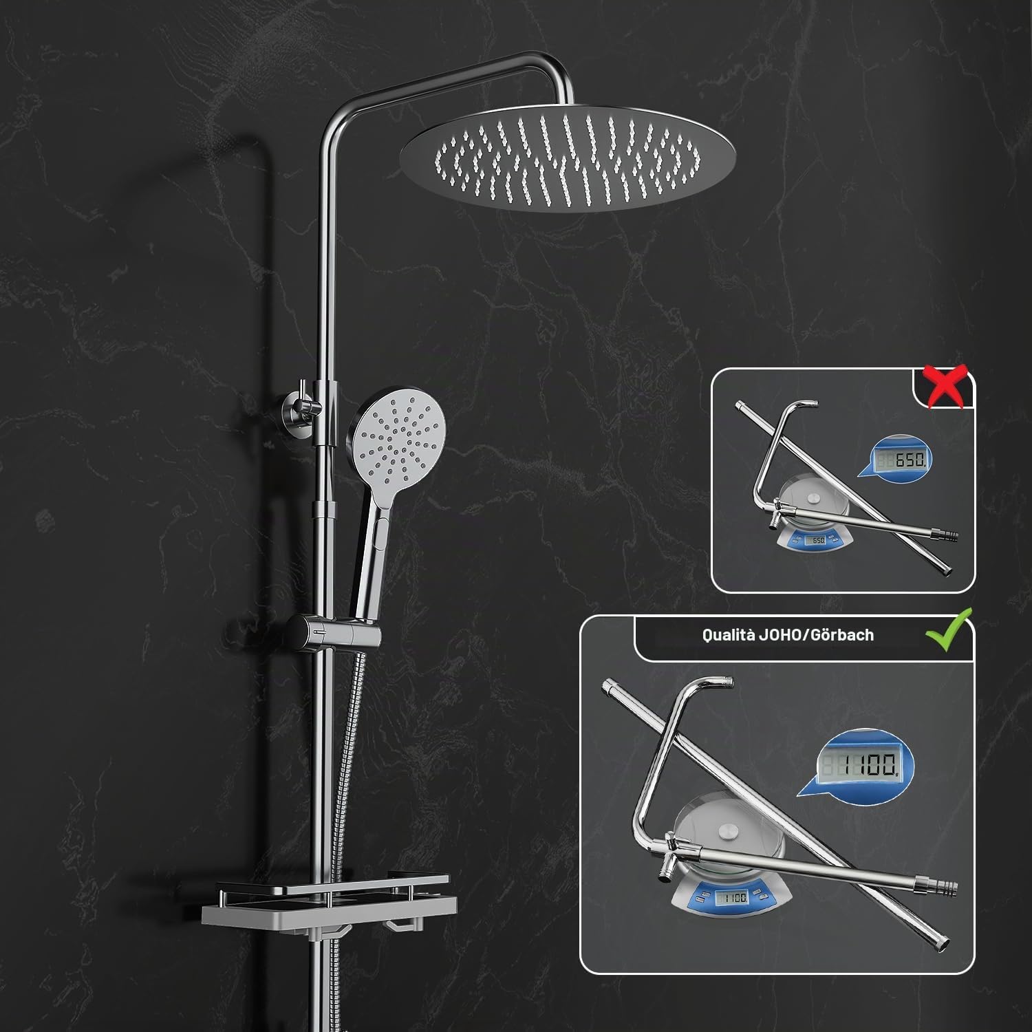 Detalle de JOHO Colonna Doccia in Acciaio Inox – Set completo con mensola e soffione a pioggia, D30 cm