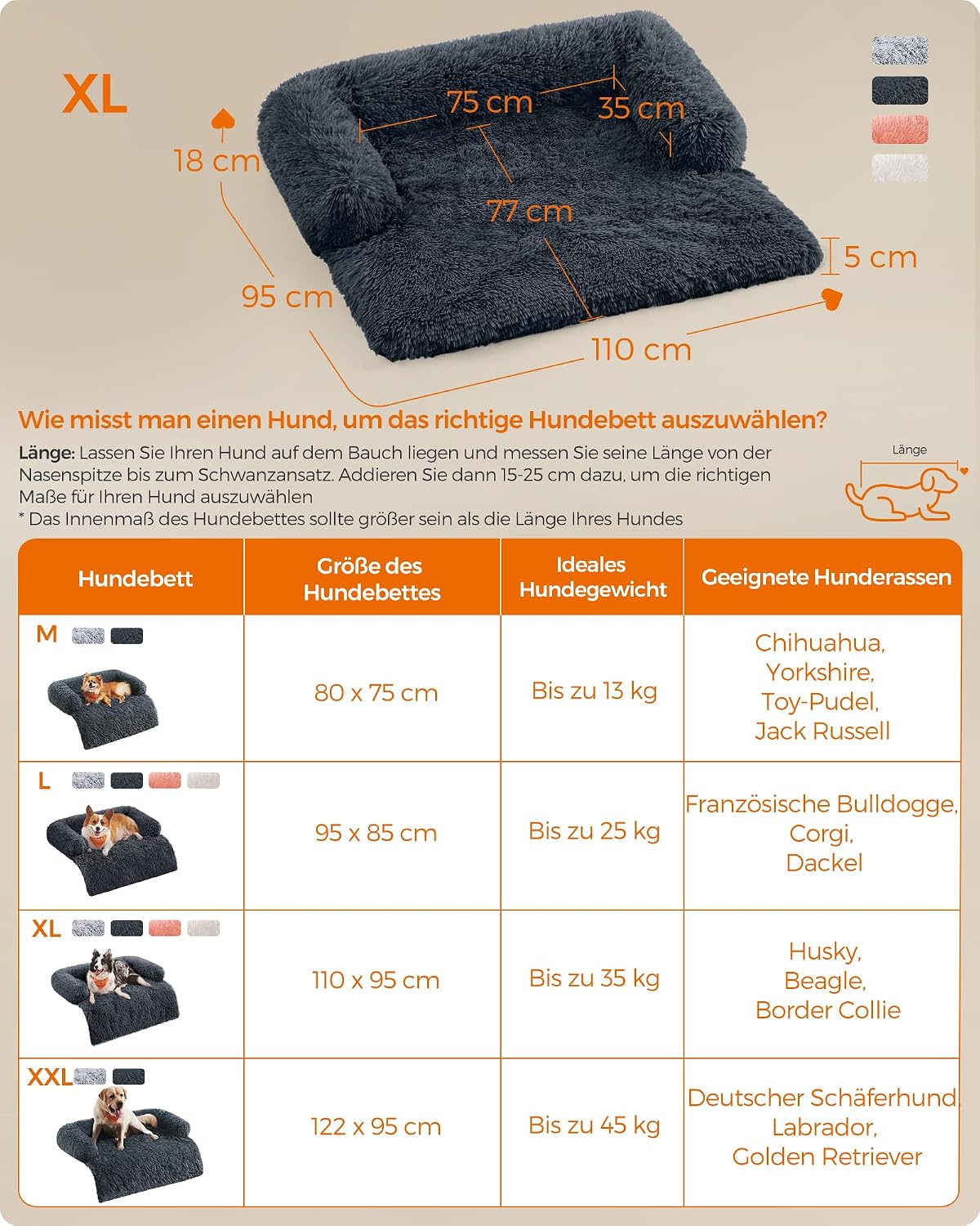 Detalle 2 de Feandrea FluffyHug Plüsch-Hundebett XL für Sofa & Hundedecke, dunkelgrau (110 x 95 x 18 cm)
