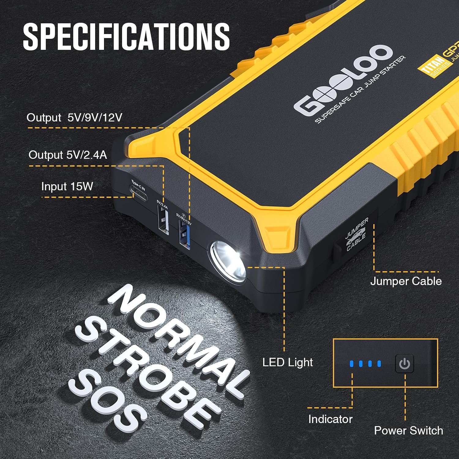 Detalle 2 de GOOLOO GP2000-2000A Portable Car Jump Starter with USB Outputs and LED Light