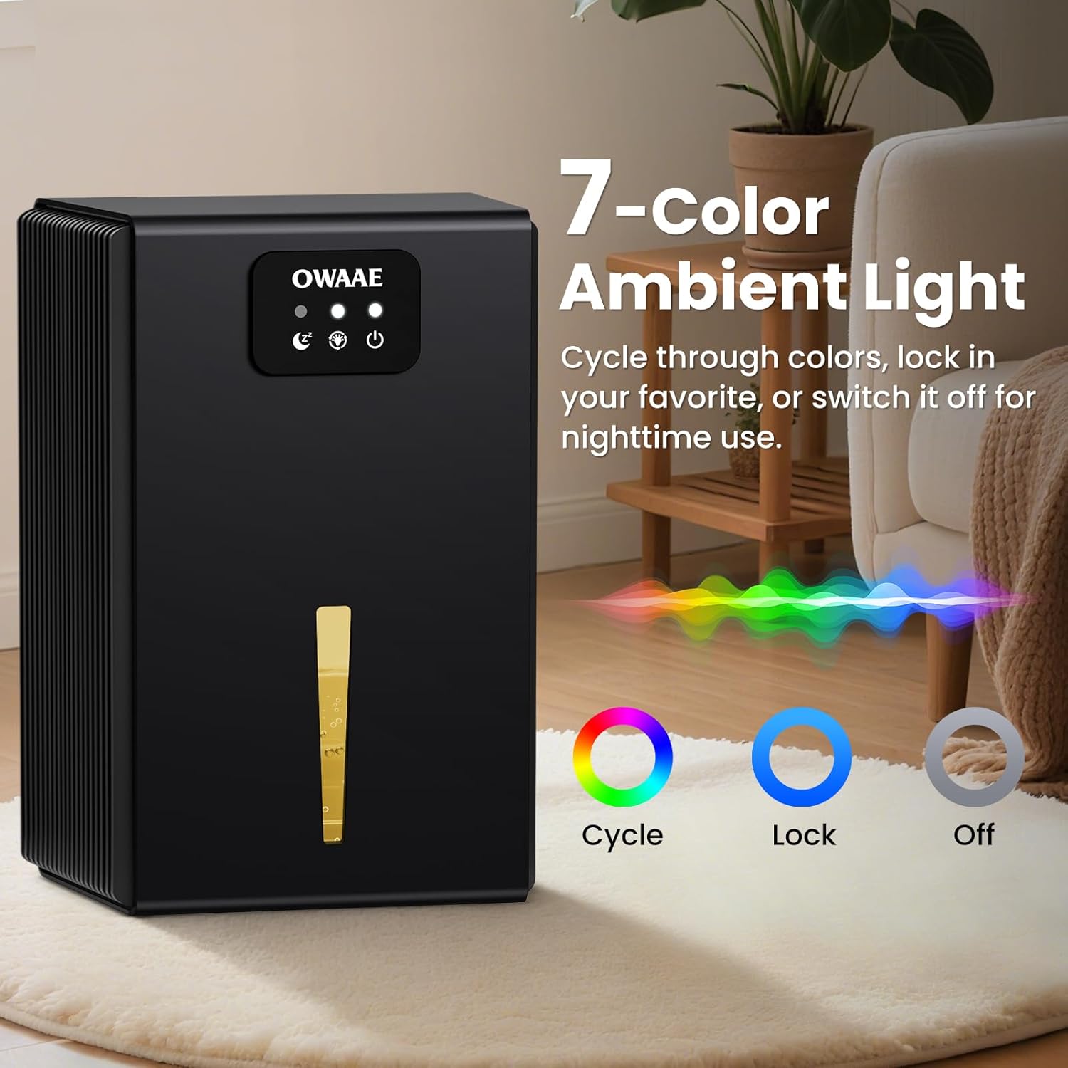 Detalle 2 de OWAAE Dehumidifier: 1000 sq.ft Quiet Moisture Control with 95oz Tank, Sleep Mode, Auto Shut-Off, and 7-Color LED Light