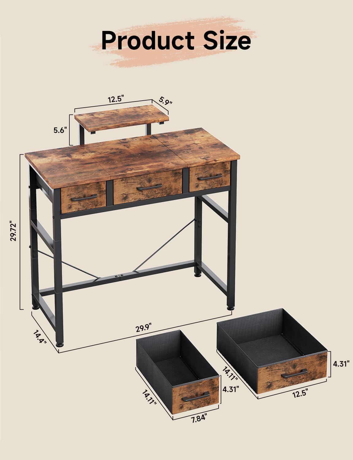 Thumbnail 2 de KitMent Small Desk with 3 Fabric Drawers, 76x36cm – Compact Study/Vanity Desk with Adjustable Monitor Stand