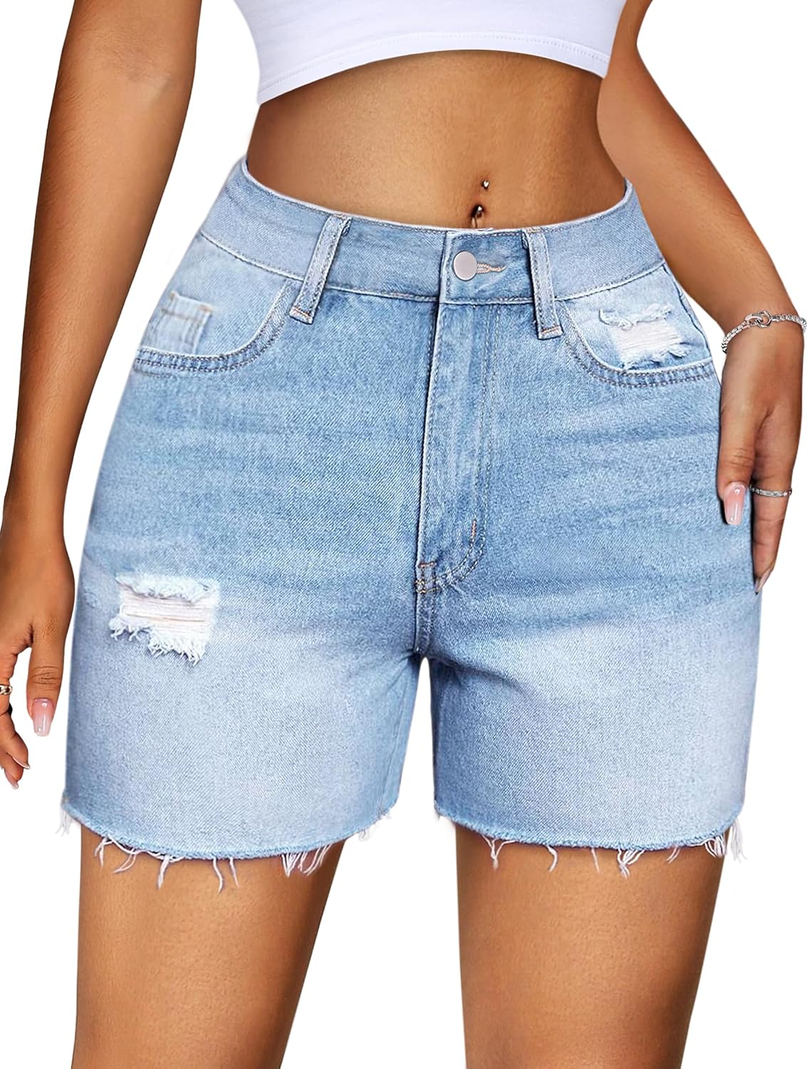 Thumbnail 1 de IWD Women’s High Waisted Stretch Denim Shorts with Ripped Hem