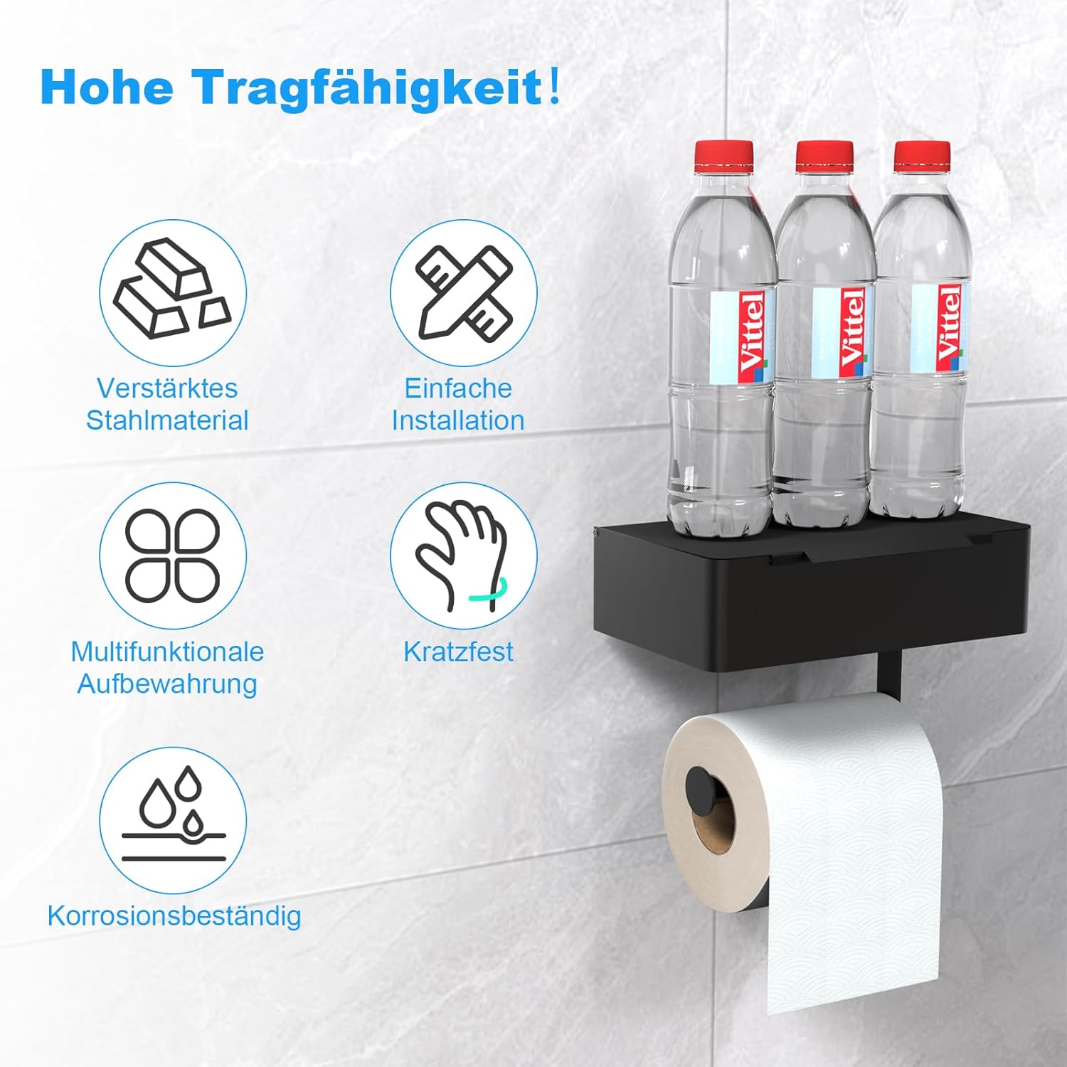 Thumbnail 2 de SURFOU 3-in-1 Toilettenpapierhalter ohne Bohren mit Feuchttücherbox und 2 Haken (schwarz)