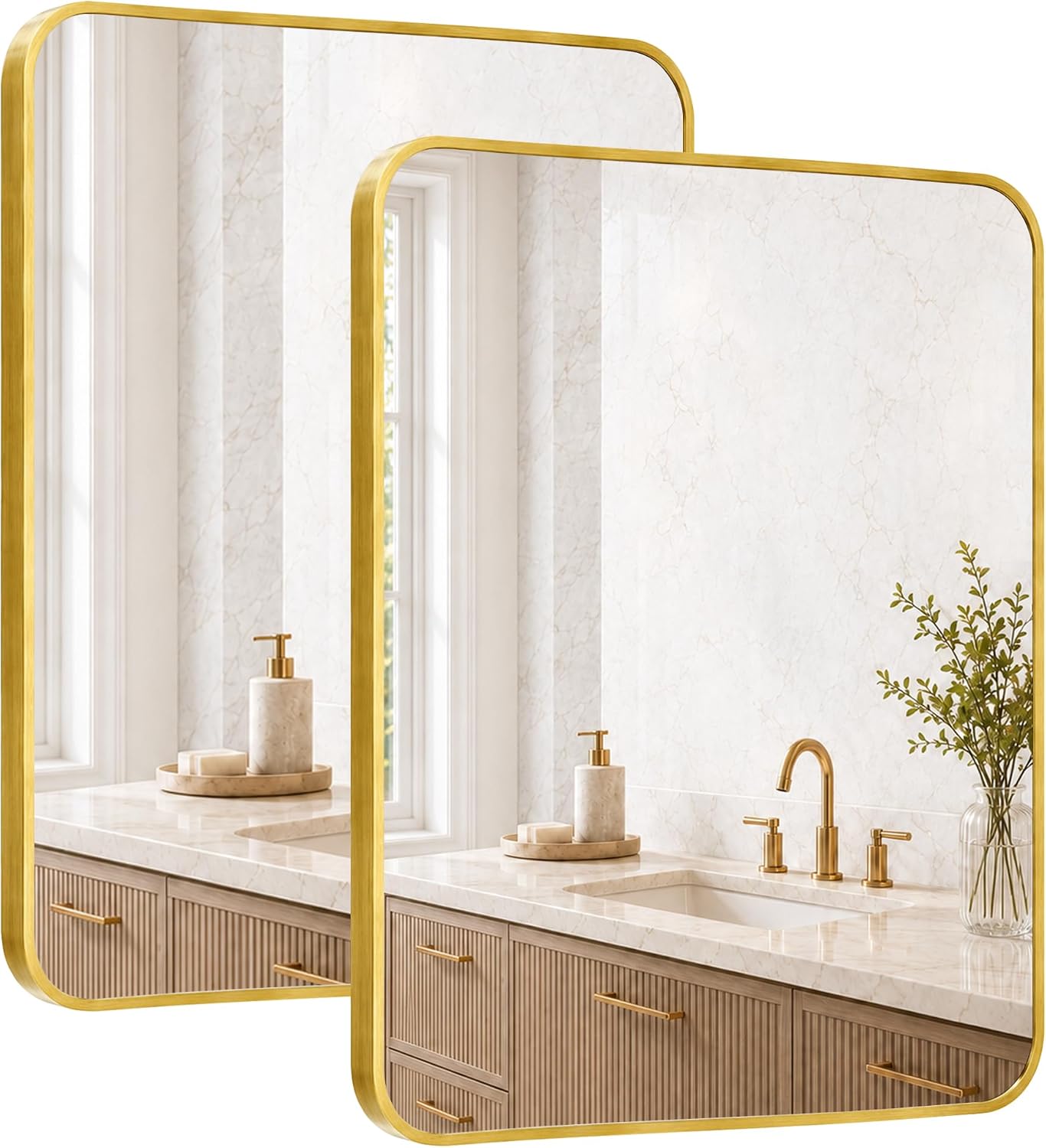 Detalle de Pocetry 2-Pack 24x30 Inch Brushed Gold Rounded Rectangle Vanity Mirrors