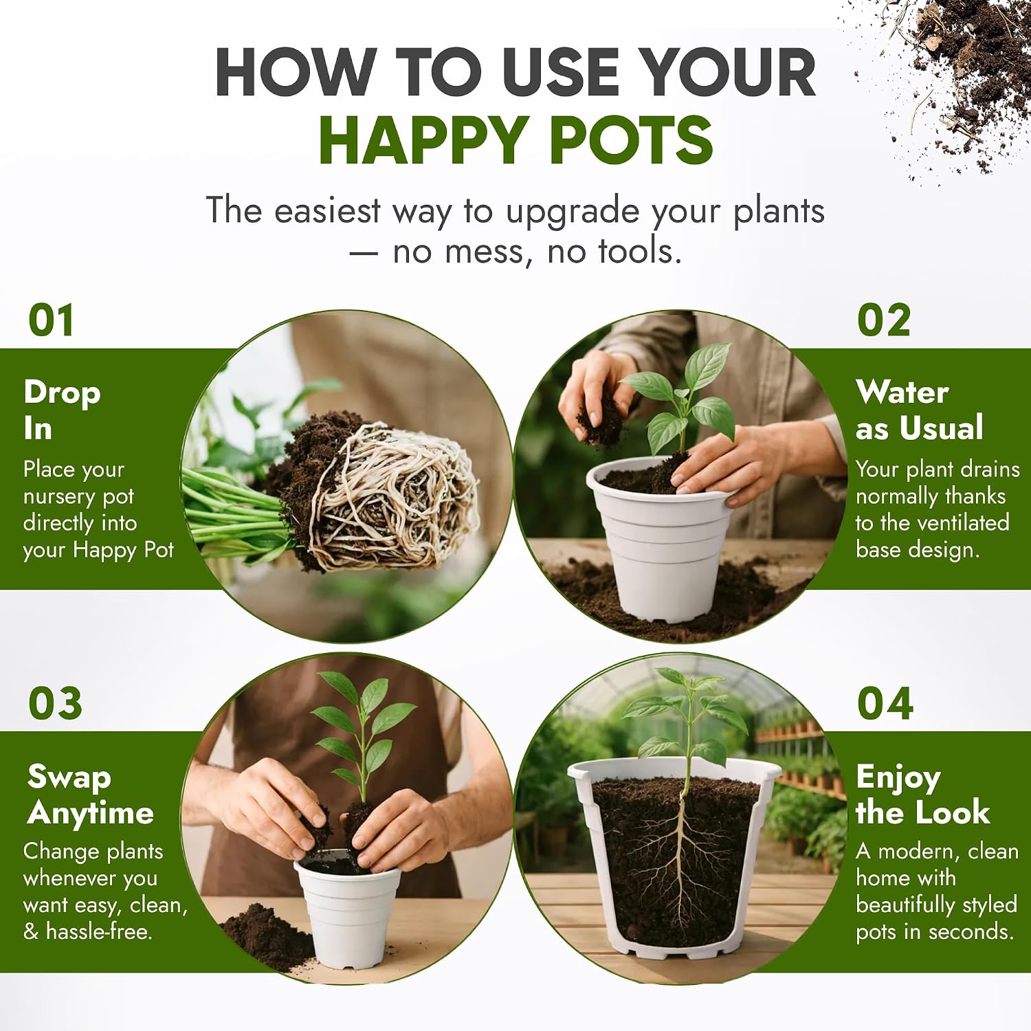 Detalle de Happy Pots ECO 12.5cm Gloss White – Pack of 5 Premium Reusable Plant Pots