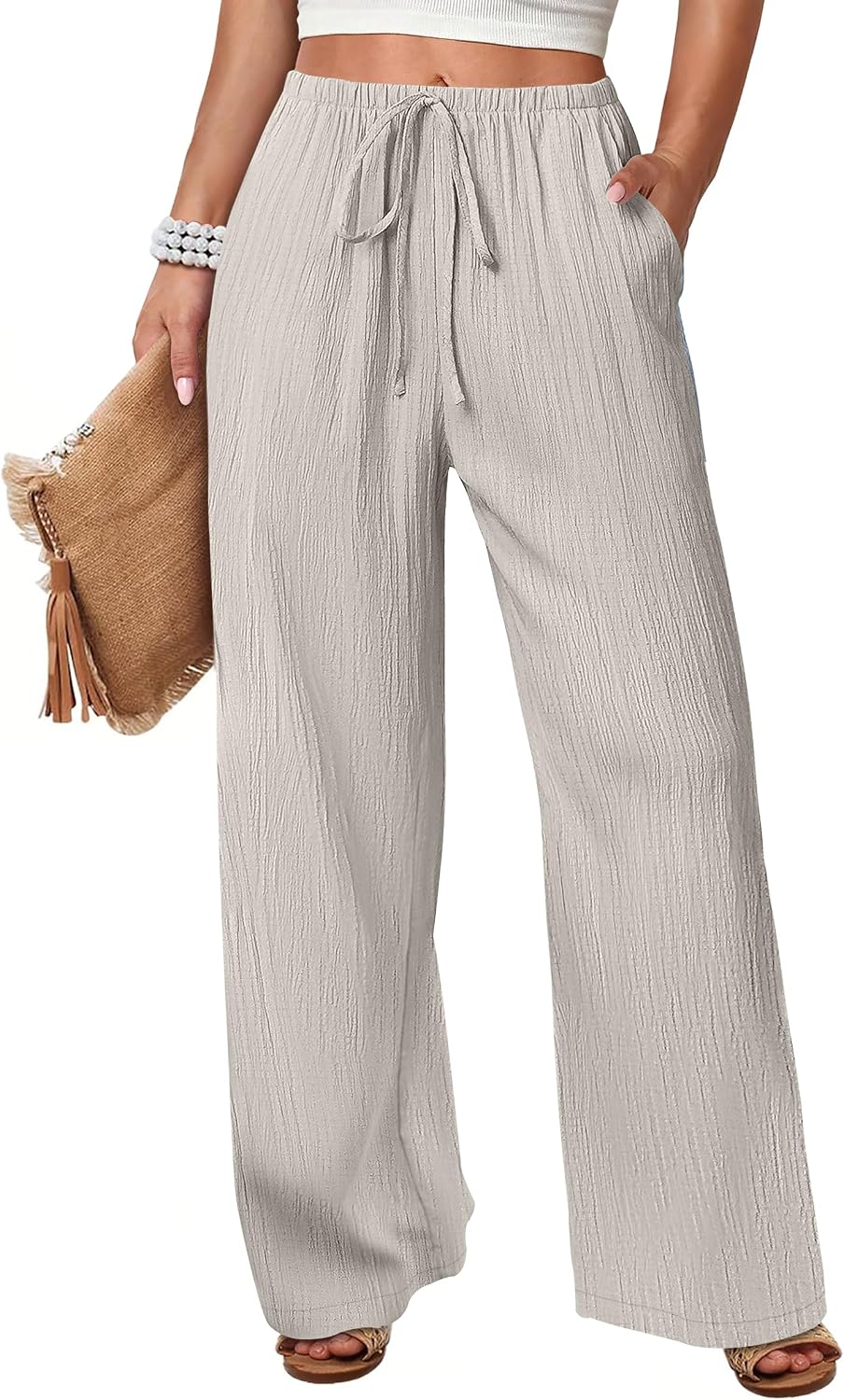Thumbnail 6 de ANRABESS Women's Wide Leg Beach Pants with Pockets – Lightweight Elastic-Waist Palazzo Trousers