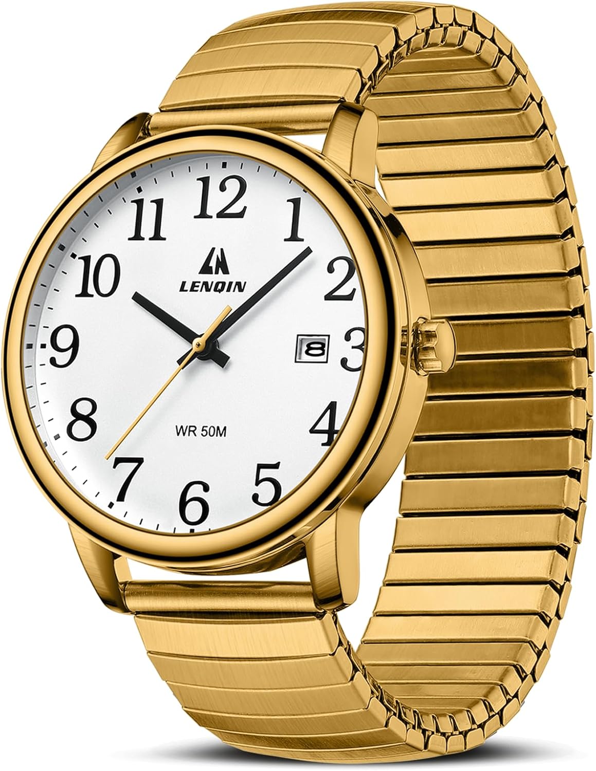 Detalle de LN LENQIN men’s 38 mm analog quartz watch with stainless steel expansion strap (water-resistant, easy-read dial)