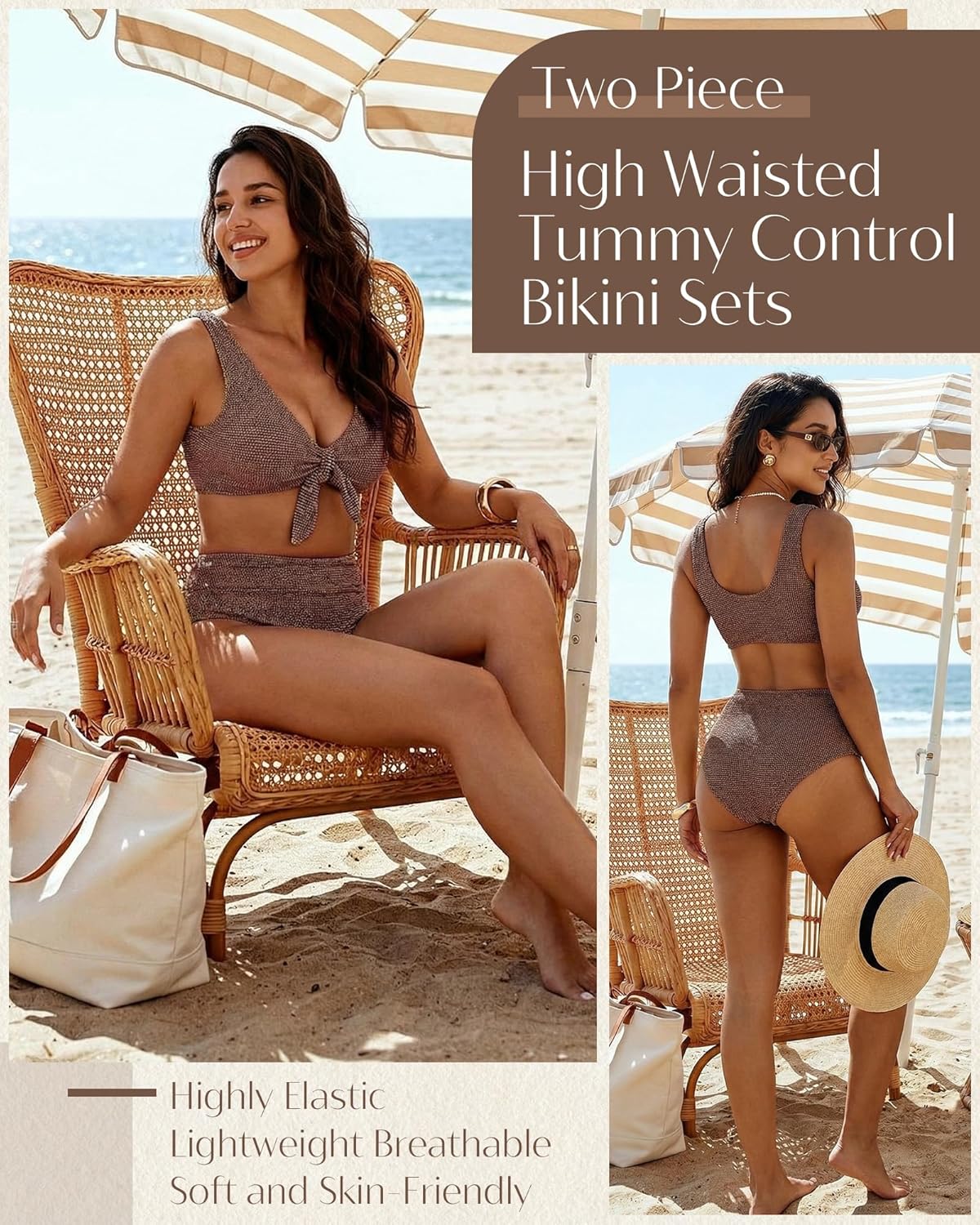 Detalle 2 de High Waisted Bikini Set for Women with Tummy Control – Textured Tie Knot Swimwear (L)