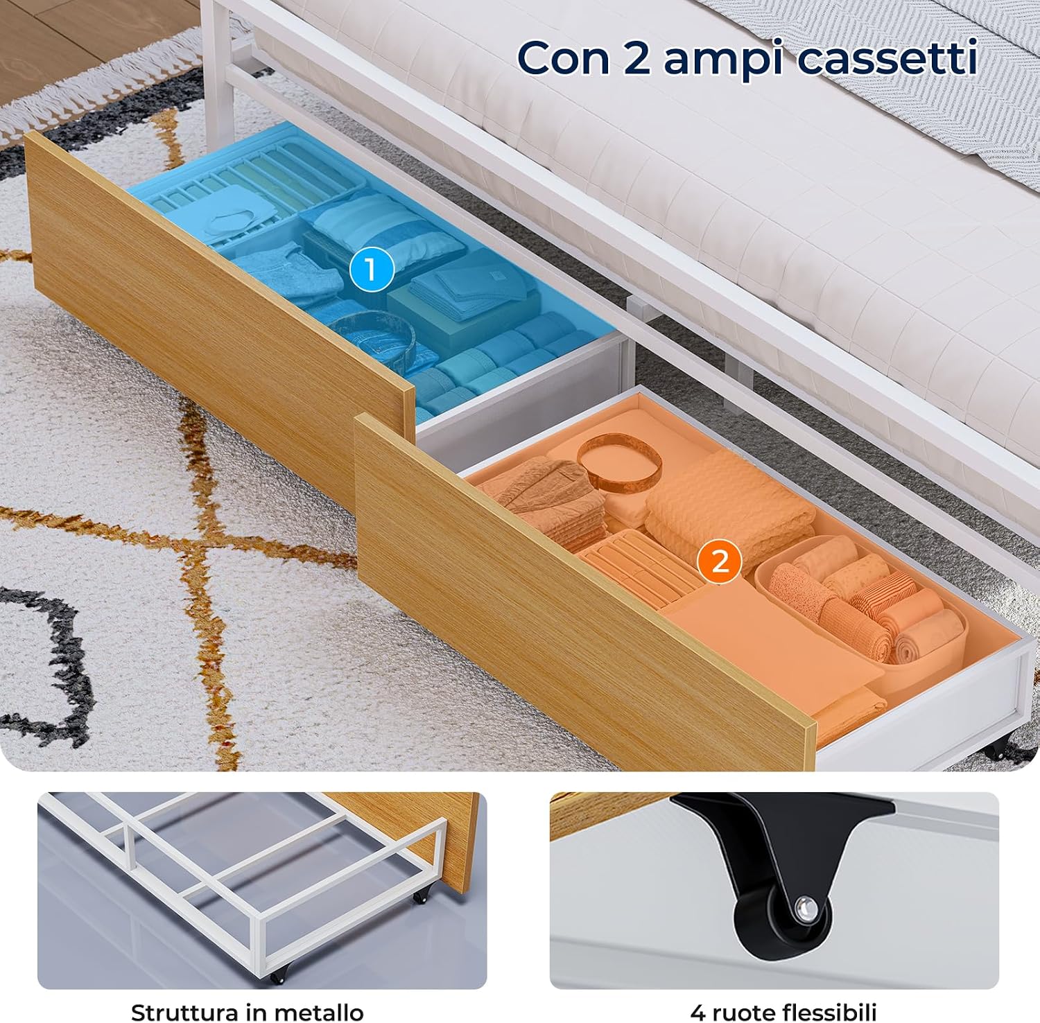 Detalle de Brinlawb Struttura Letto 140x190 cm con Testiera Imbottita, LED e Ricarica – Bianco