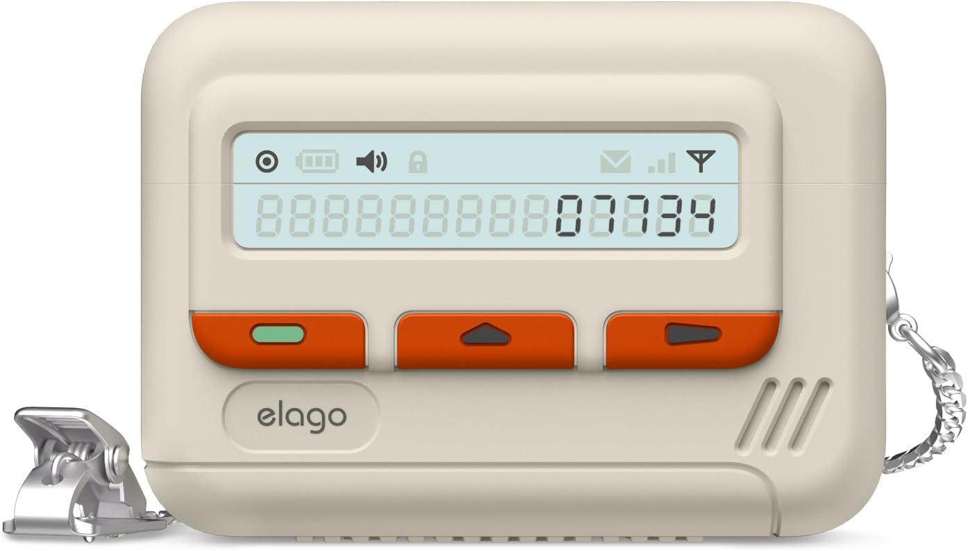 Detalle de elago Coque Pager rétro pour étui AirPods Pro 2 (2e génération) – sangle de chaîne incluse, blanc classique