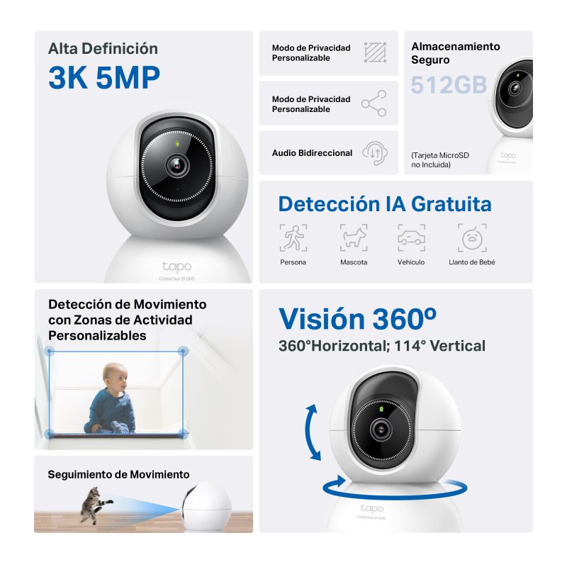 Detalle 2 de Tapo TC74: Cámara de Vigilancia 360º Interior — 3K, IA Gratuita y Visión Nocturna