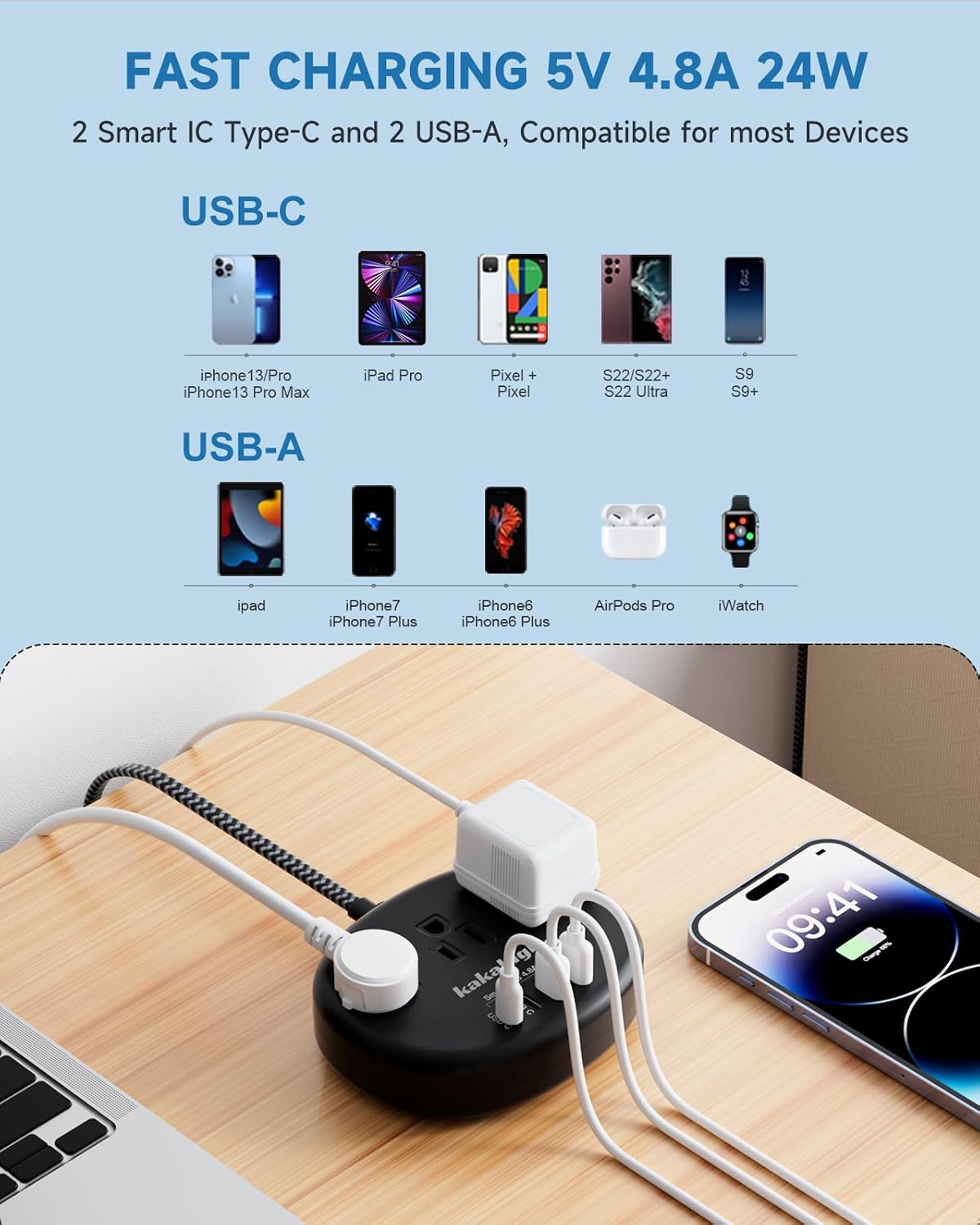 Thumbnail 5 de kakahigh 771 5-Foot Extension Cord with 3 AC Outlets and 4 USB Ports