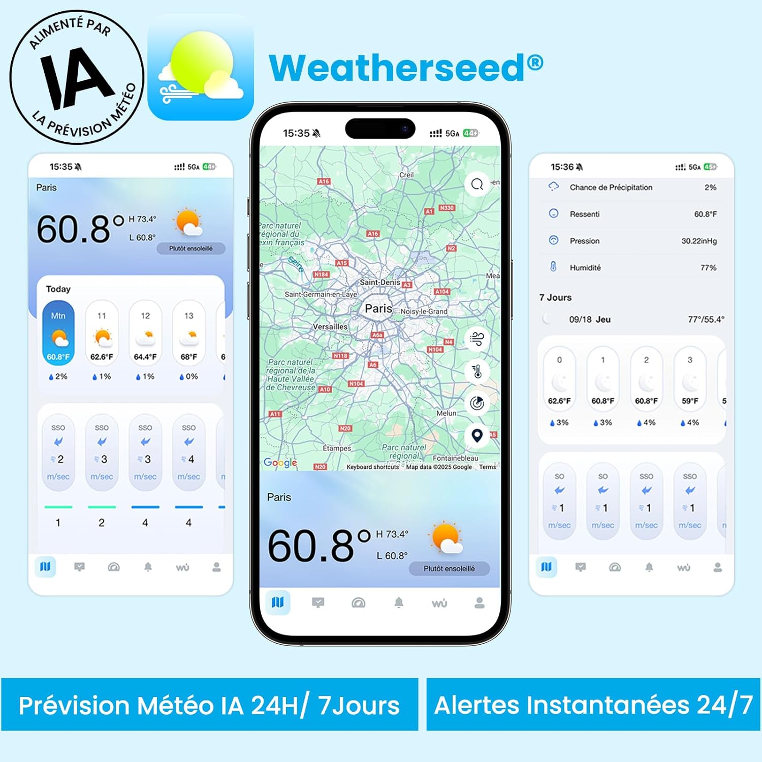 Thumbnail 1 de Station météo intelligente Sainlogic avec Wi‑Fi, prévisions IA et alertes app Weatherseed
