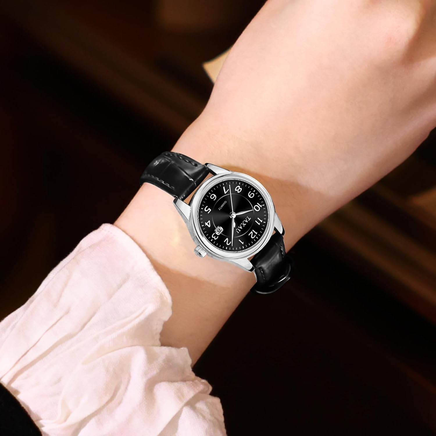 Detalle 2 de Taxau Damenuhr analoge Quarzuhr mit Lederarmband – Business-Armbanduhr mit Datum, wasserdicht